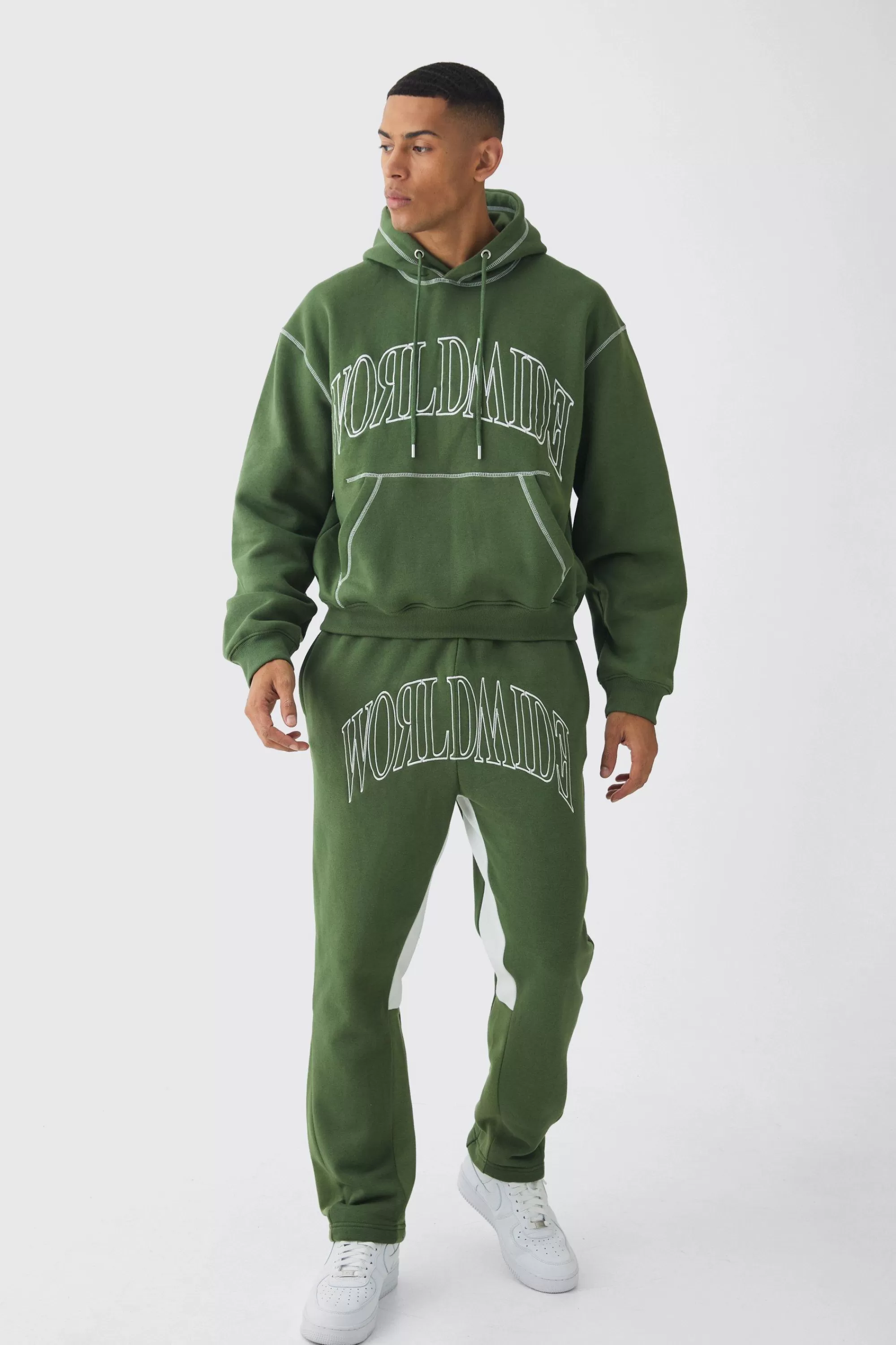 boohooMAN Oversized Worldwide Contrast Stitch Gusset Tracksuit | UK