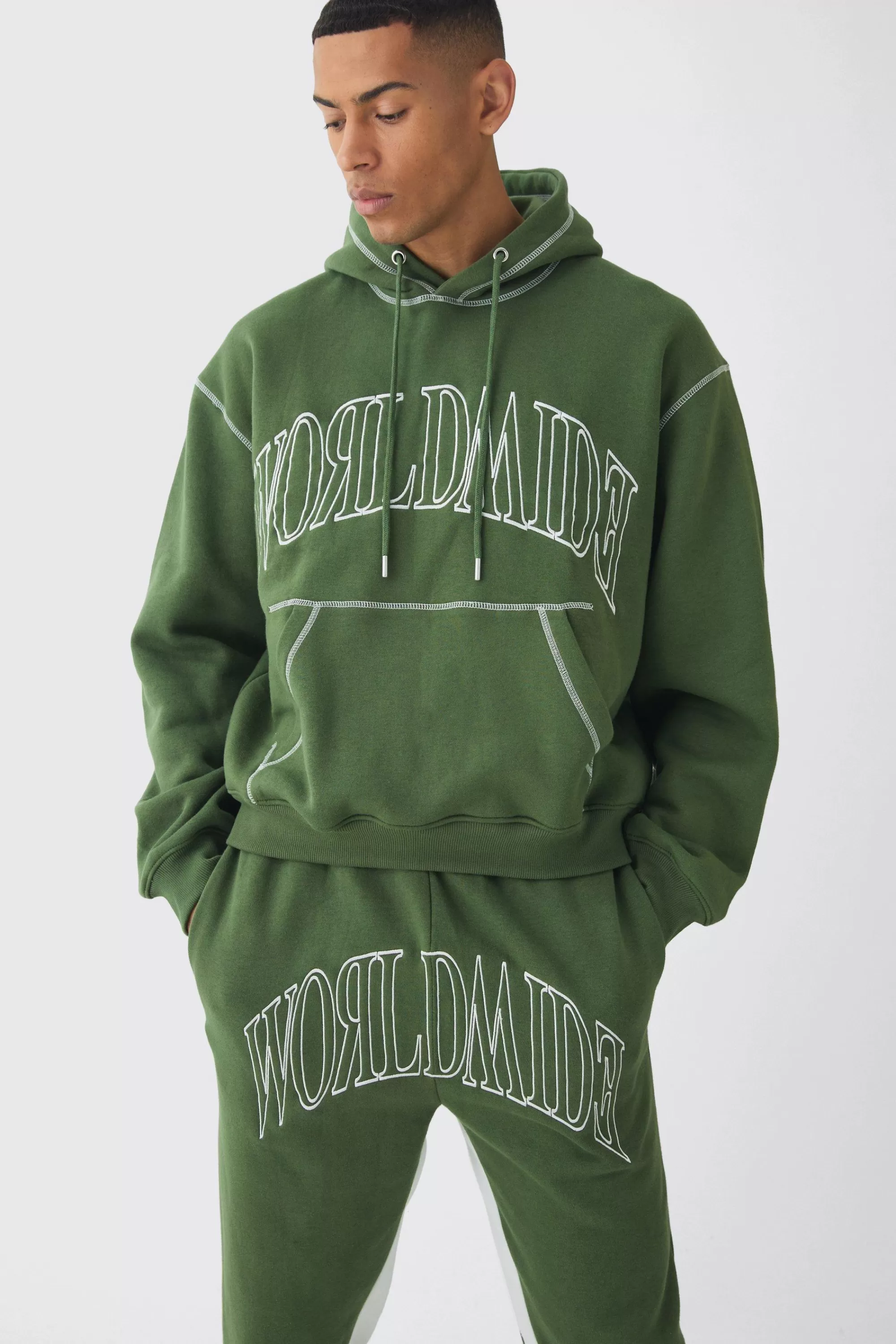 boohooMAN Oversized Worldwide Contrast Stitch Gusset Tracksuit | UK