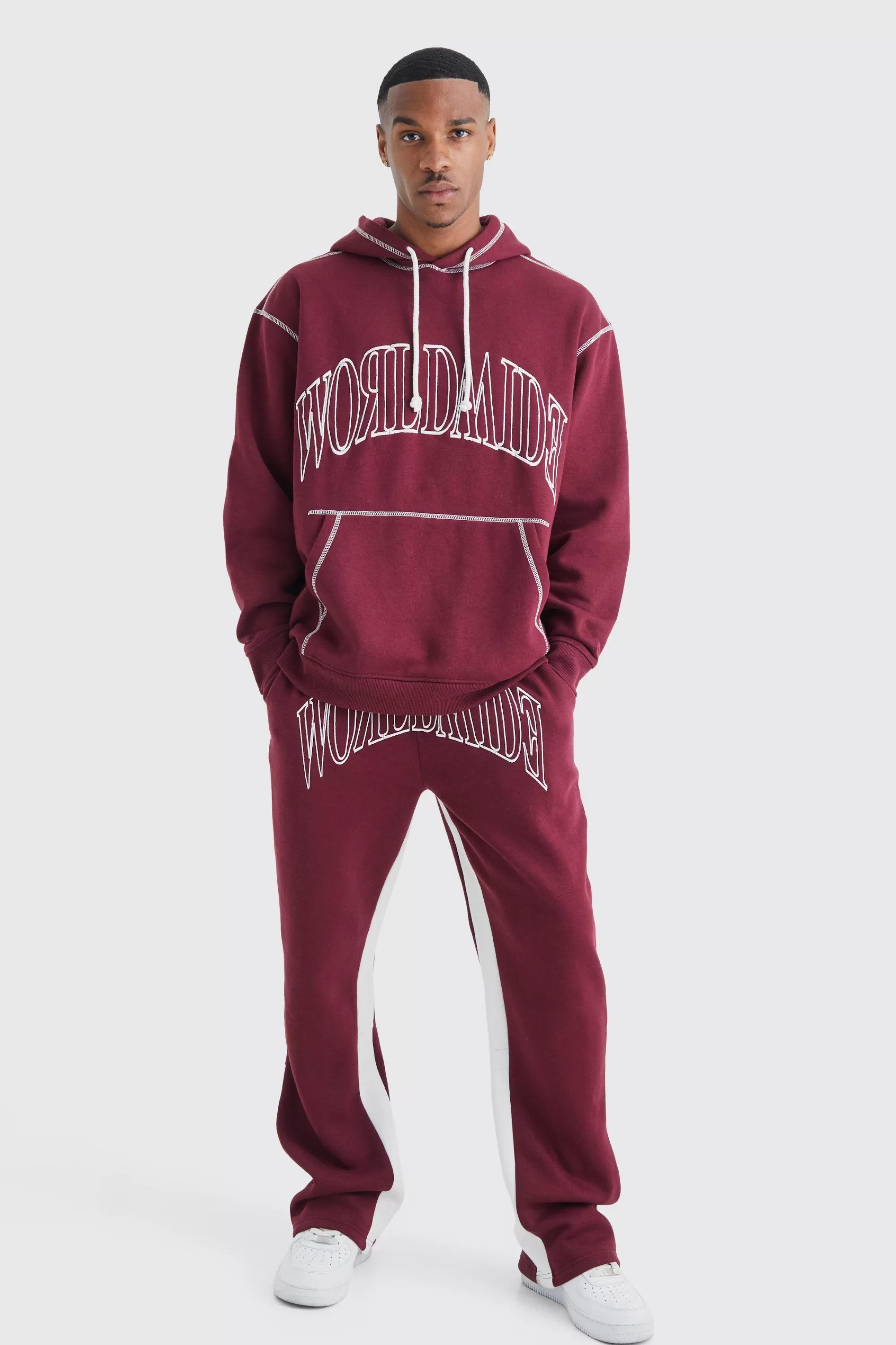boohooMAN Oversized Worldwide Contrast Stitch Hooded Gusset Tracksuit | UK