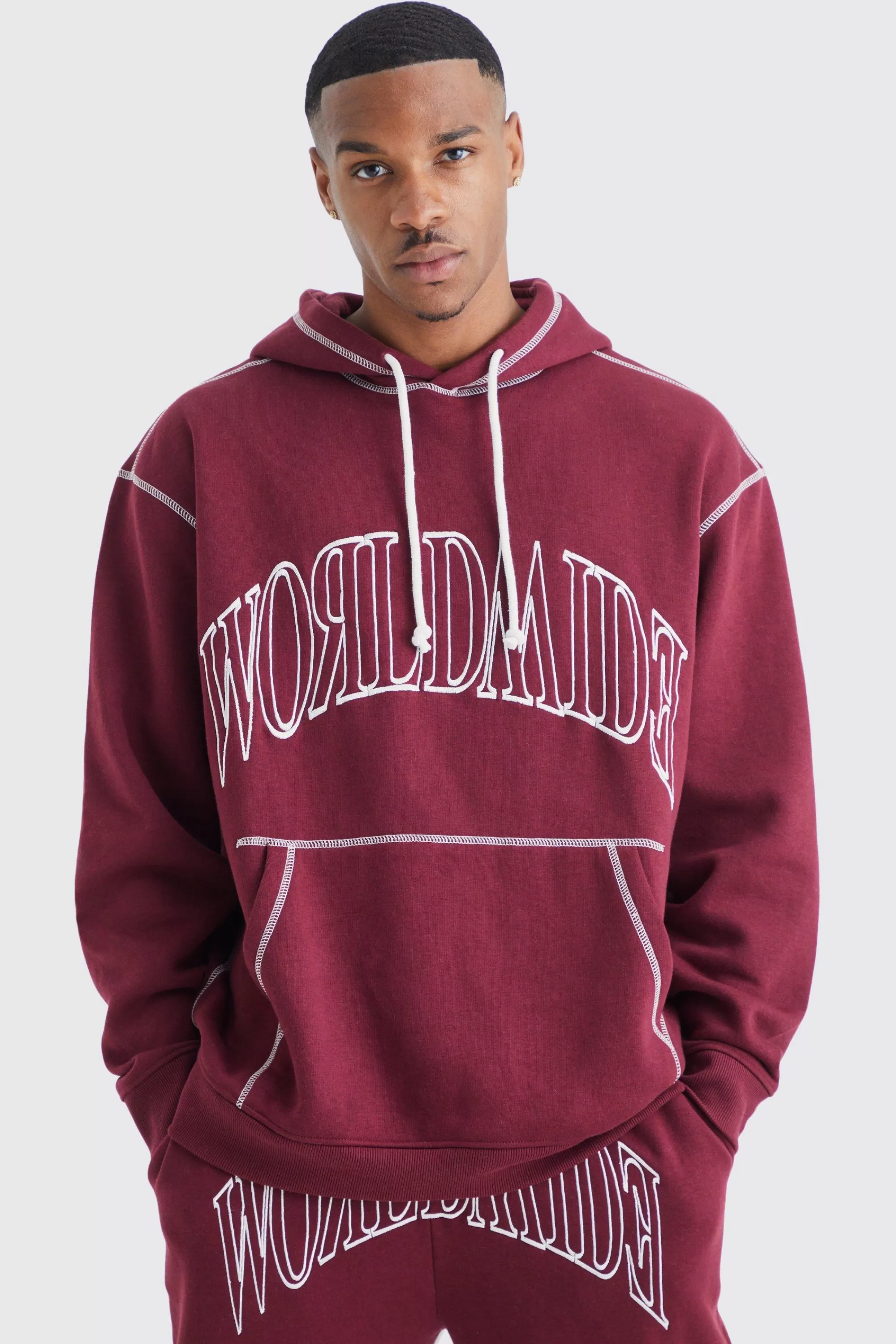 boohooMAN Oversized Worldwide Contrast Stitch Hooded Gusset Tracksuit | UK