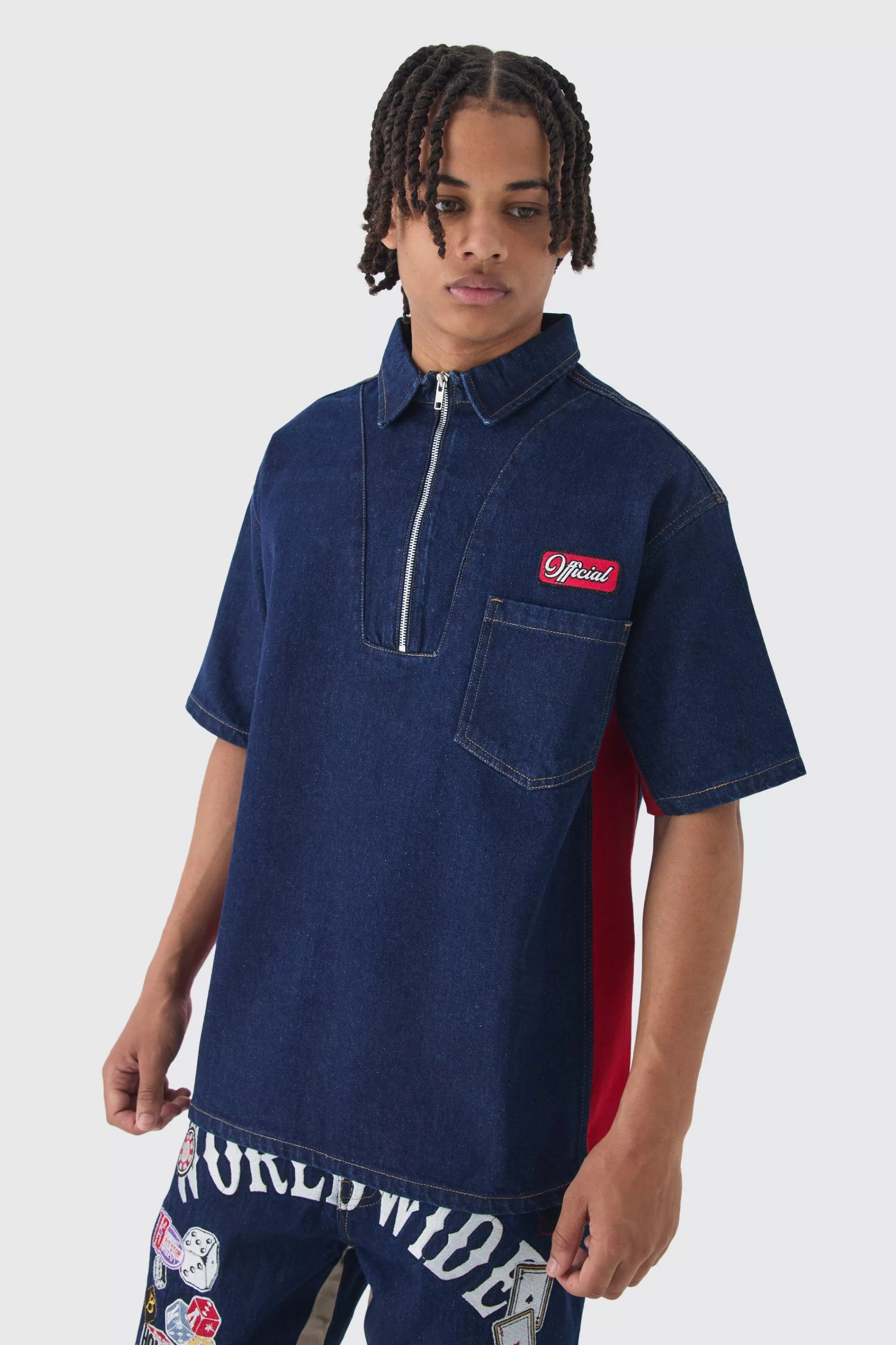 boohooMAN Oversized Zip Through Badge Denim Shirt | UK