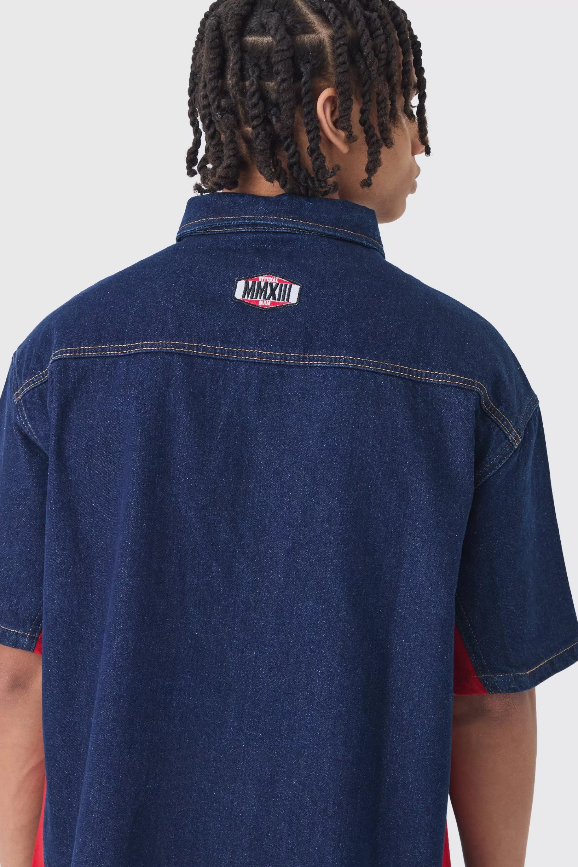 boohooMAN Oversized Zip Through Badge Denim Shirt | UK