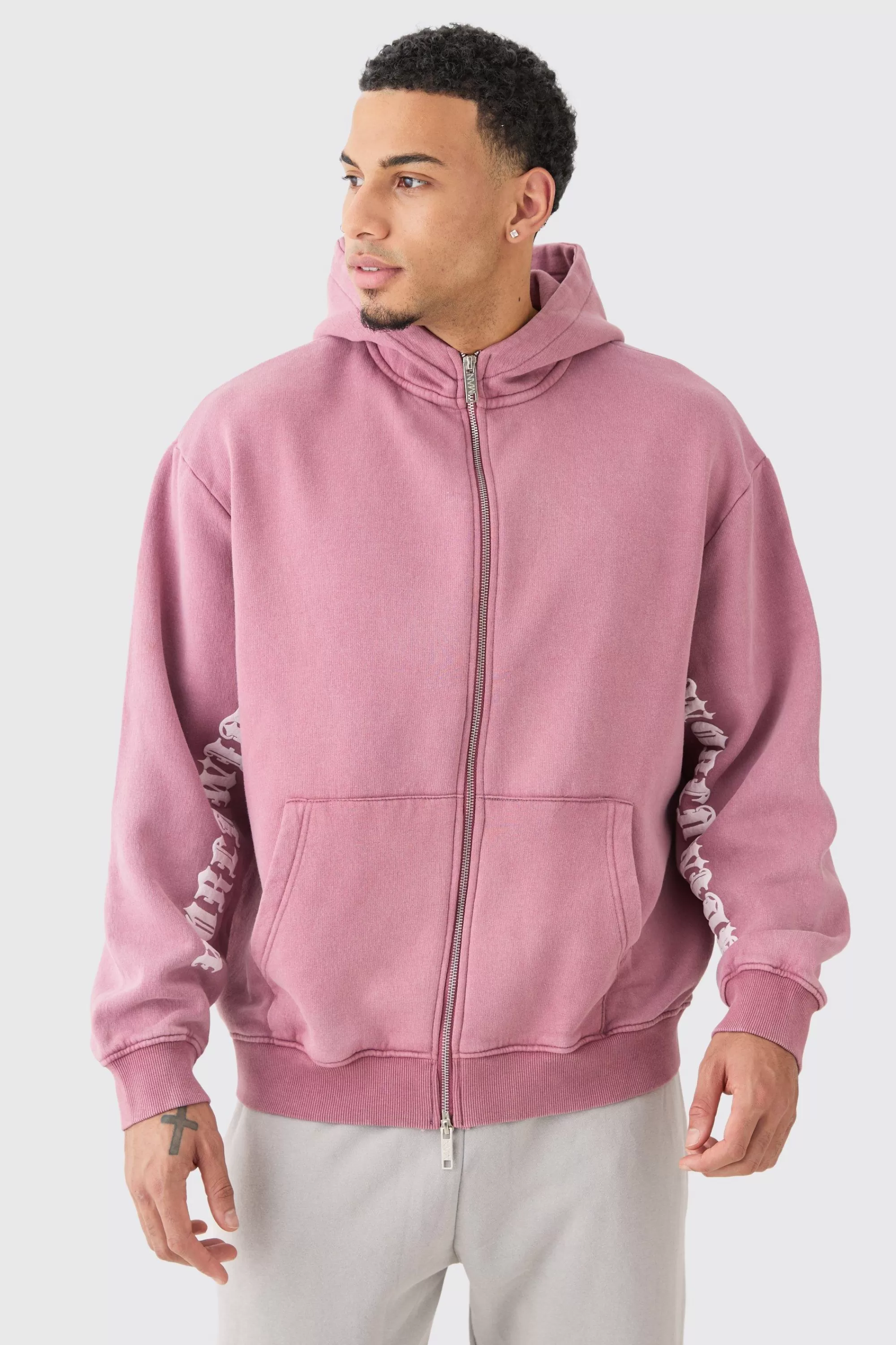 boohooMAN Oversized Zip Thru Funnel Neck Acid Wash Applique Hoodie | UK