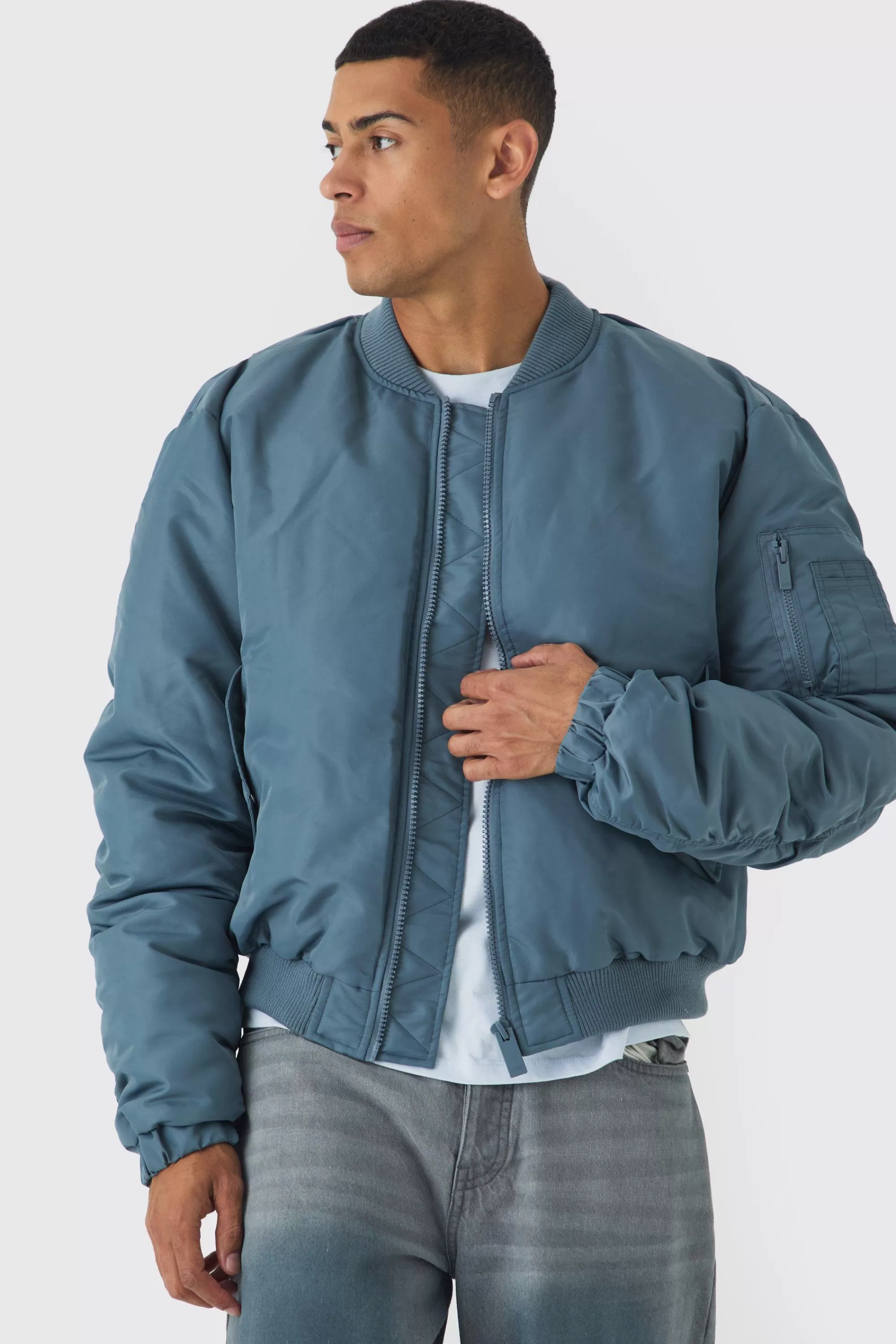 boohooMAN Padded Nylon Panelled Bomber Jacket In | UK