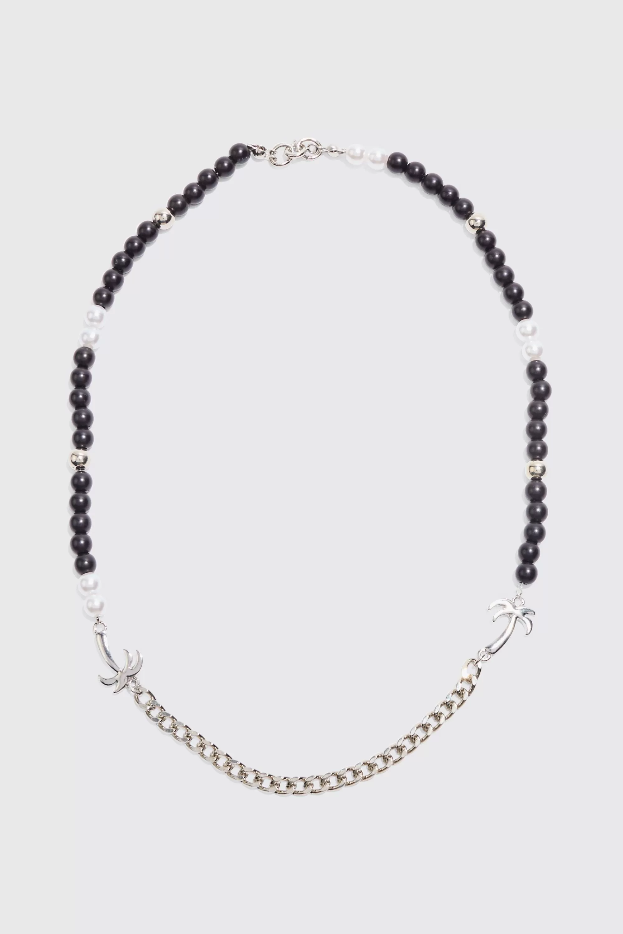boohooMAN Palm Tree Charm Pearl Chain Necklace | UK