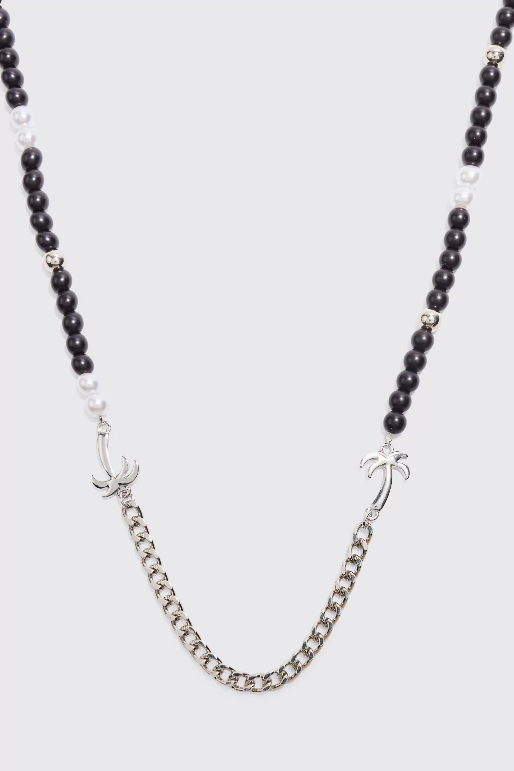 boohooMAN Palm Tree Charm Pearl Chain Necklace | UK