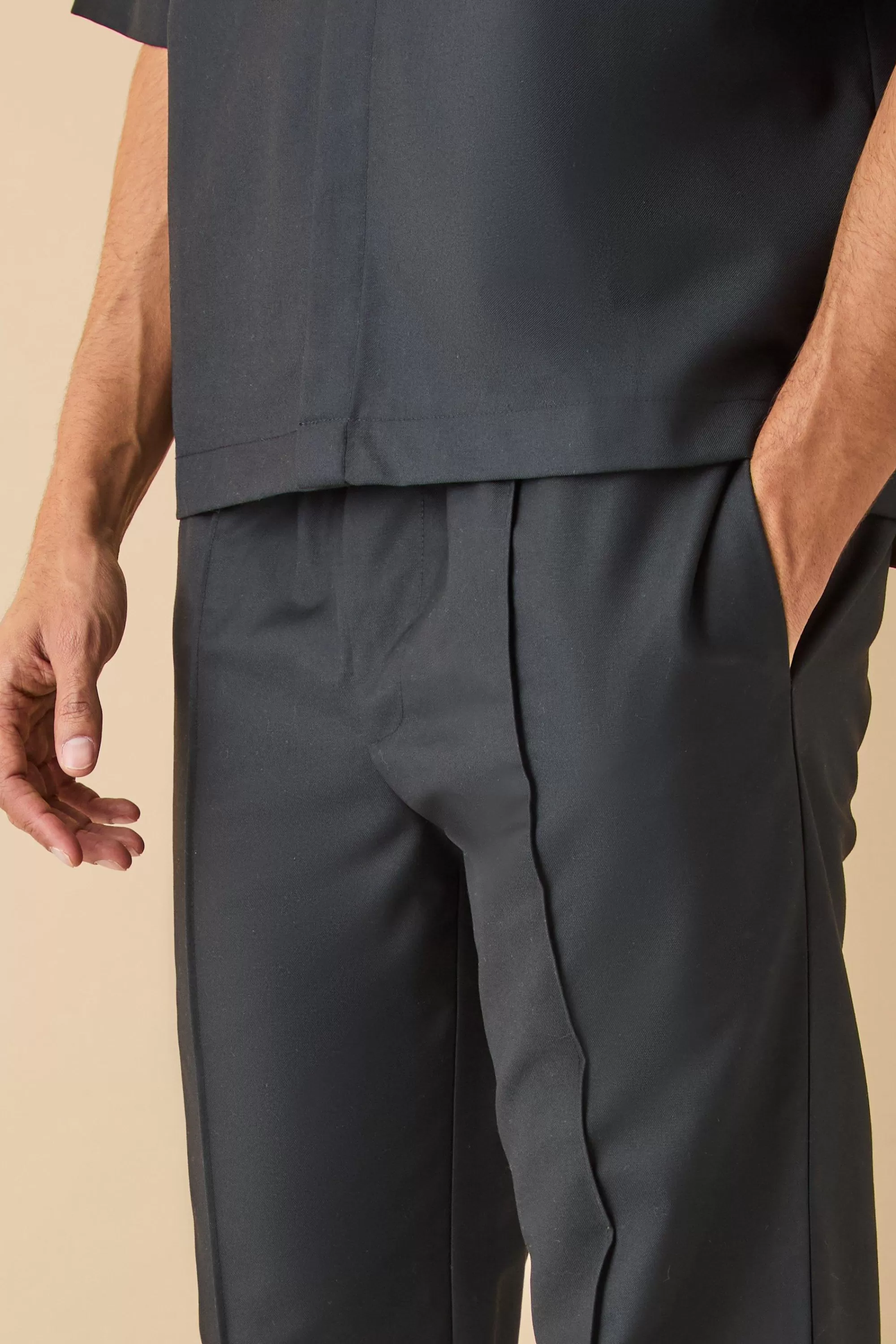 boohooMAN Paper Bag Waist Tapered Crop Pu Trouser | UK