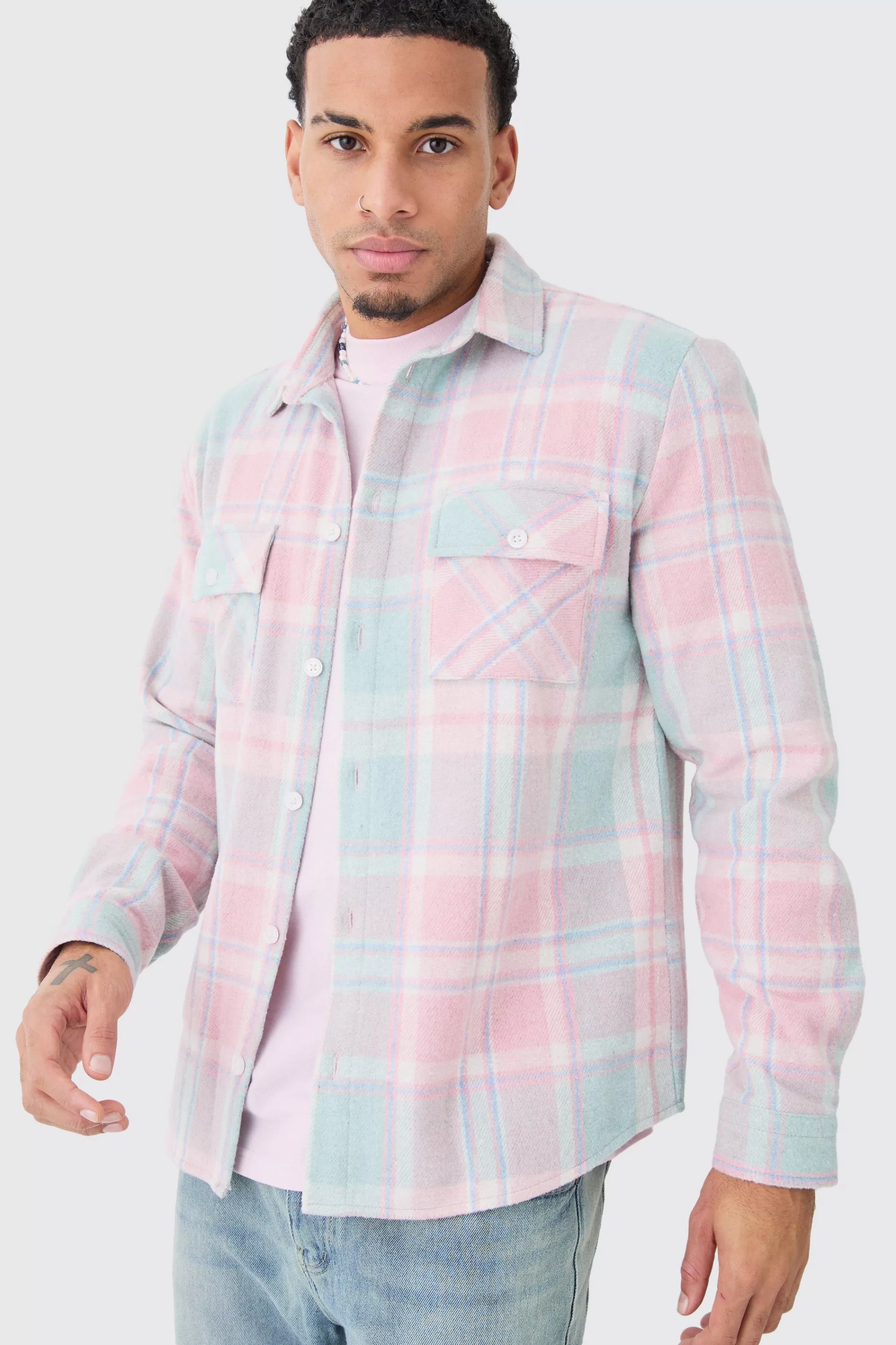 boohooMAN Pastel Check Overshirt | UK