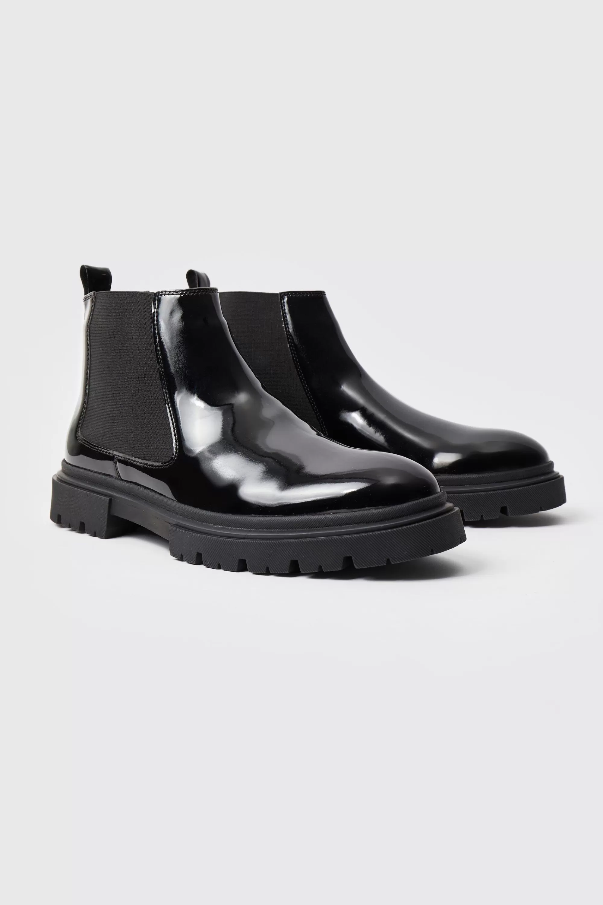 boohooMAN Patent Chelsea Boots With Track Sole | UK