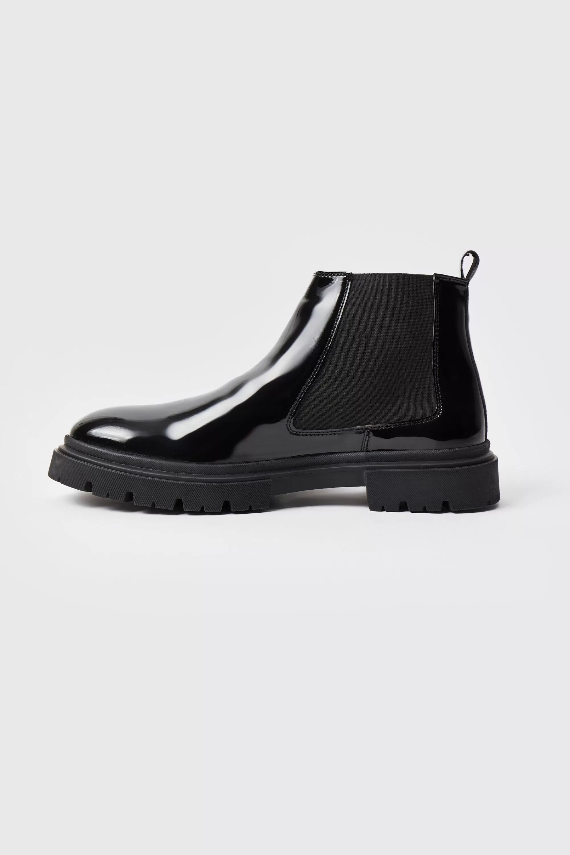 boohooMAN Patent Chelsea Boots With Track Sole | UK