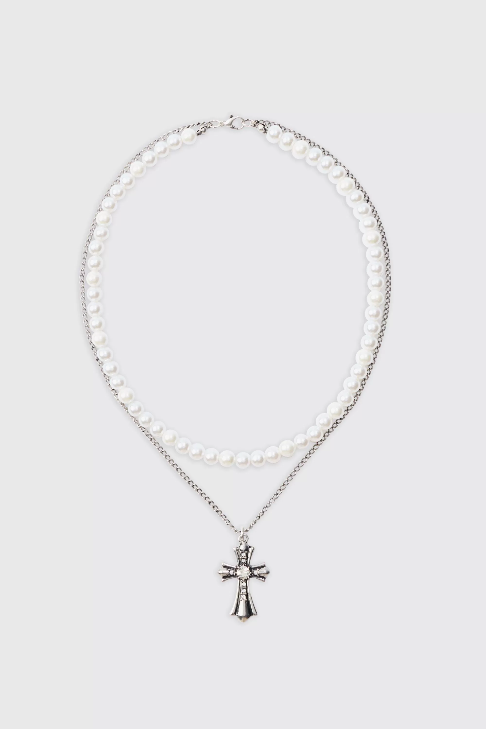 boohooMAN Pearl & Chain Necklace With Cross Pendant In | UK