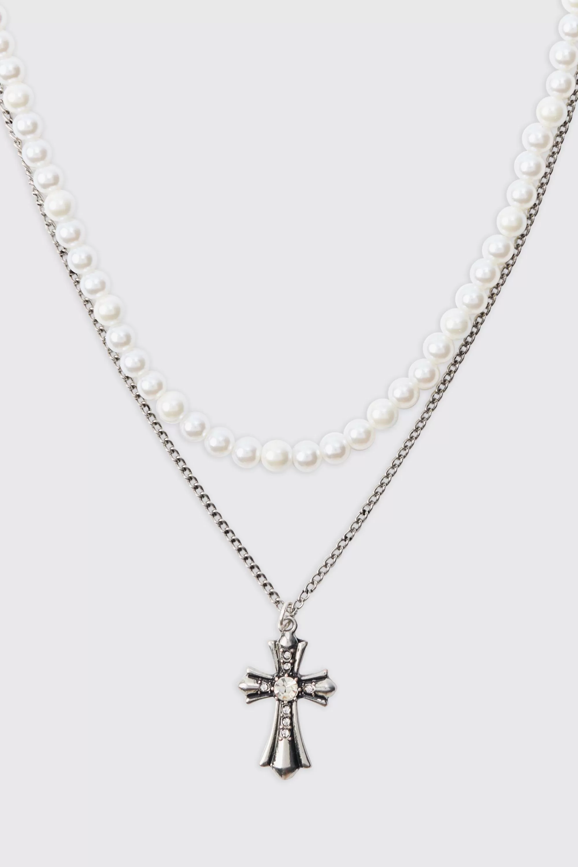 boohooMAN Pearl & Chain Necklace With Cross Pendant In | UK