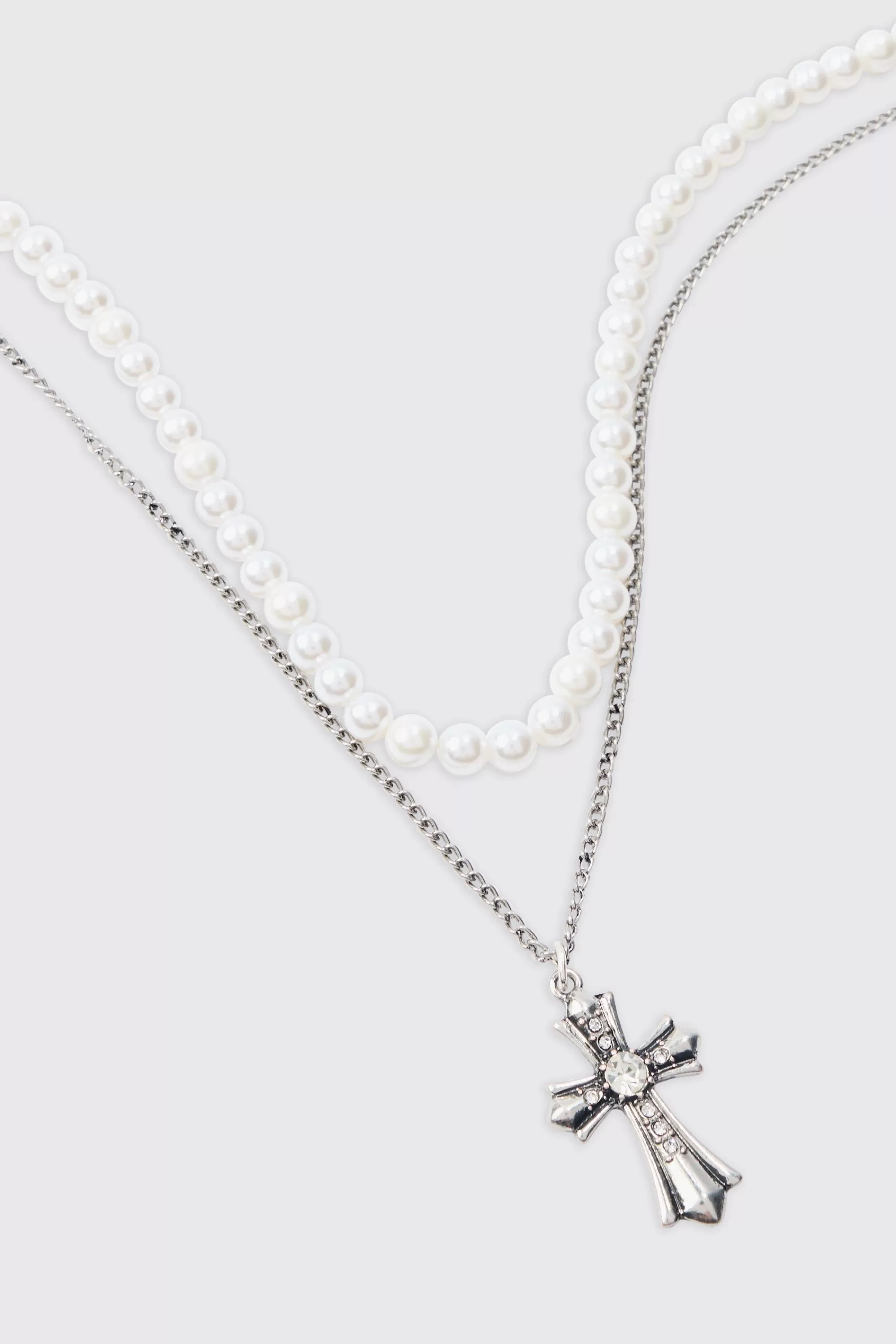 boohooMAN Pearl & Chain Necklace With Cross Pendant In | UK
