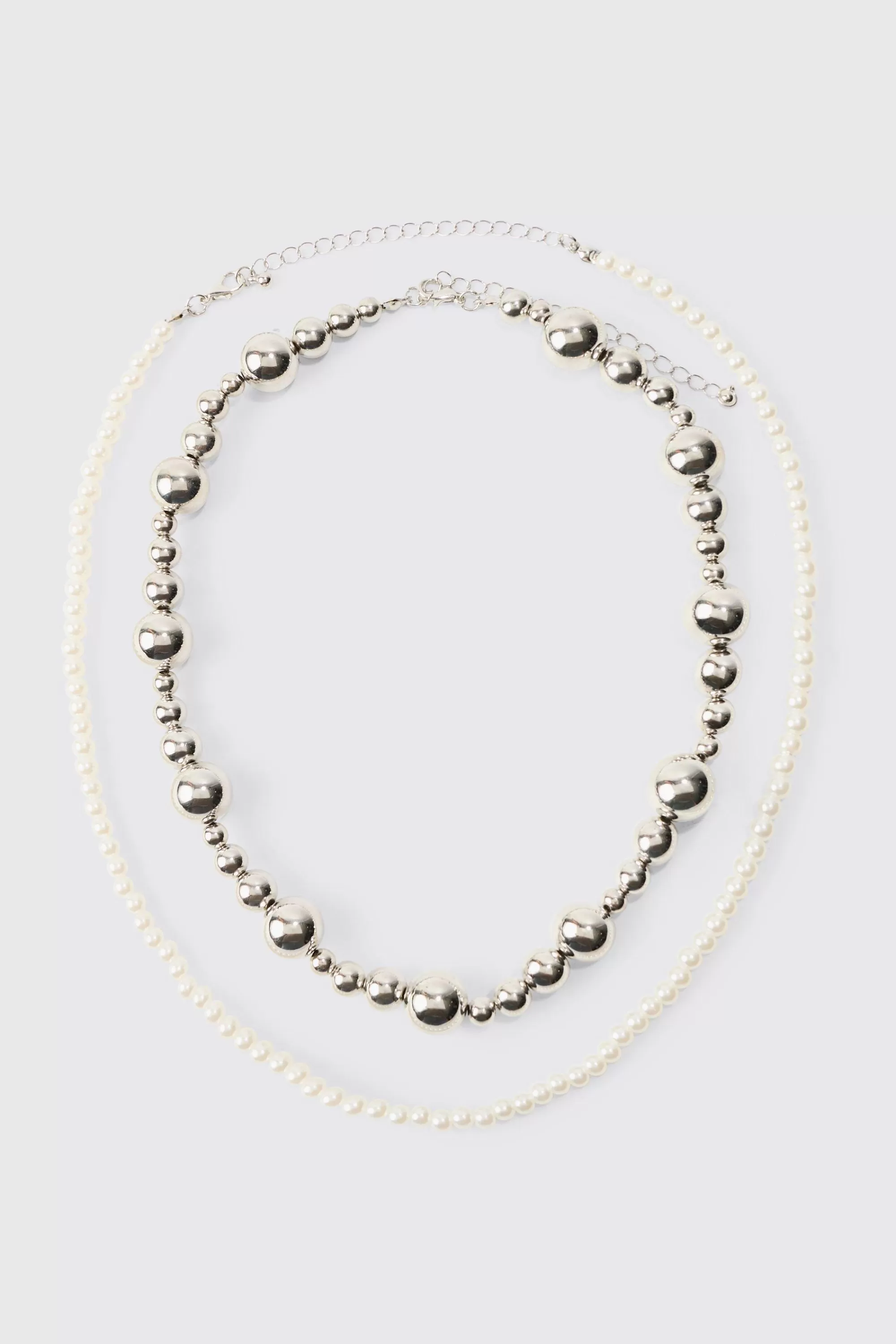 boohooMAN Pearl And Metal Bead Multi Layer Necklace | UK