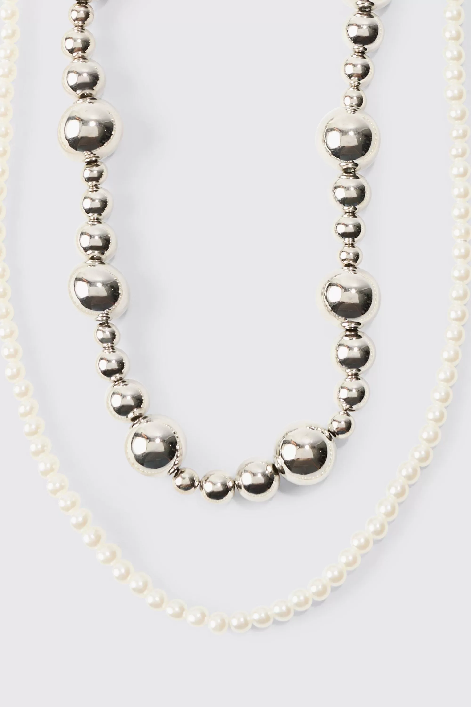 boohooMAN Pearl And Metal Bead Multi Layer Necklace | UK