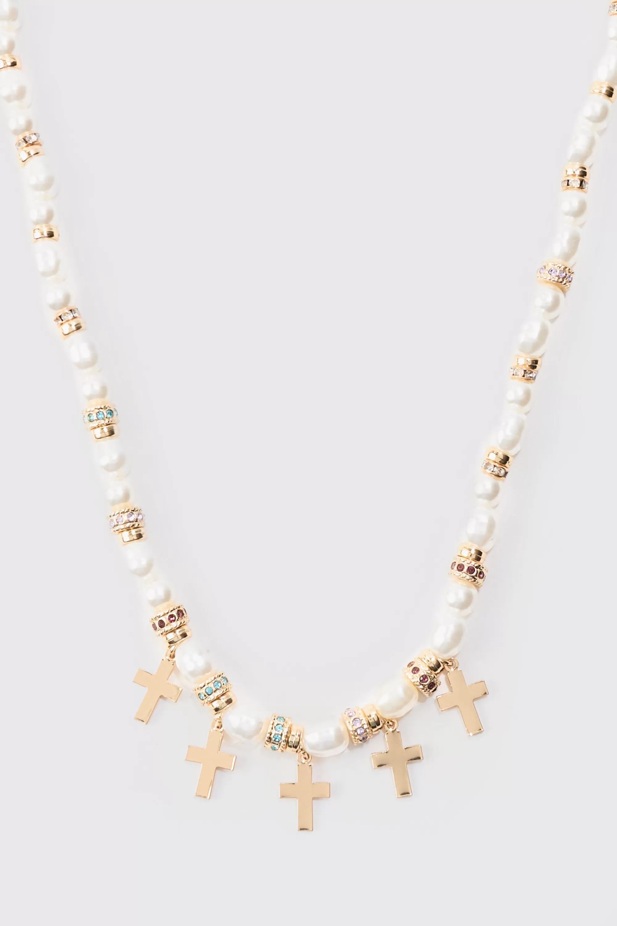 boohooMAN Pearl Bead Necklace With Cross Charms In | UK