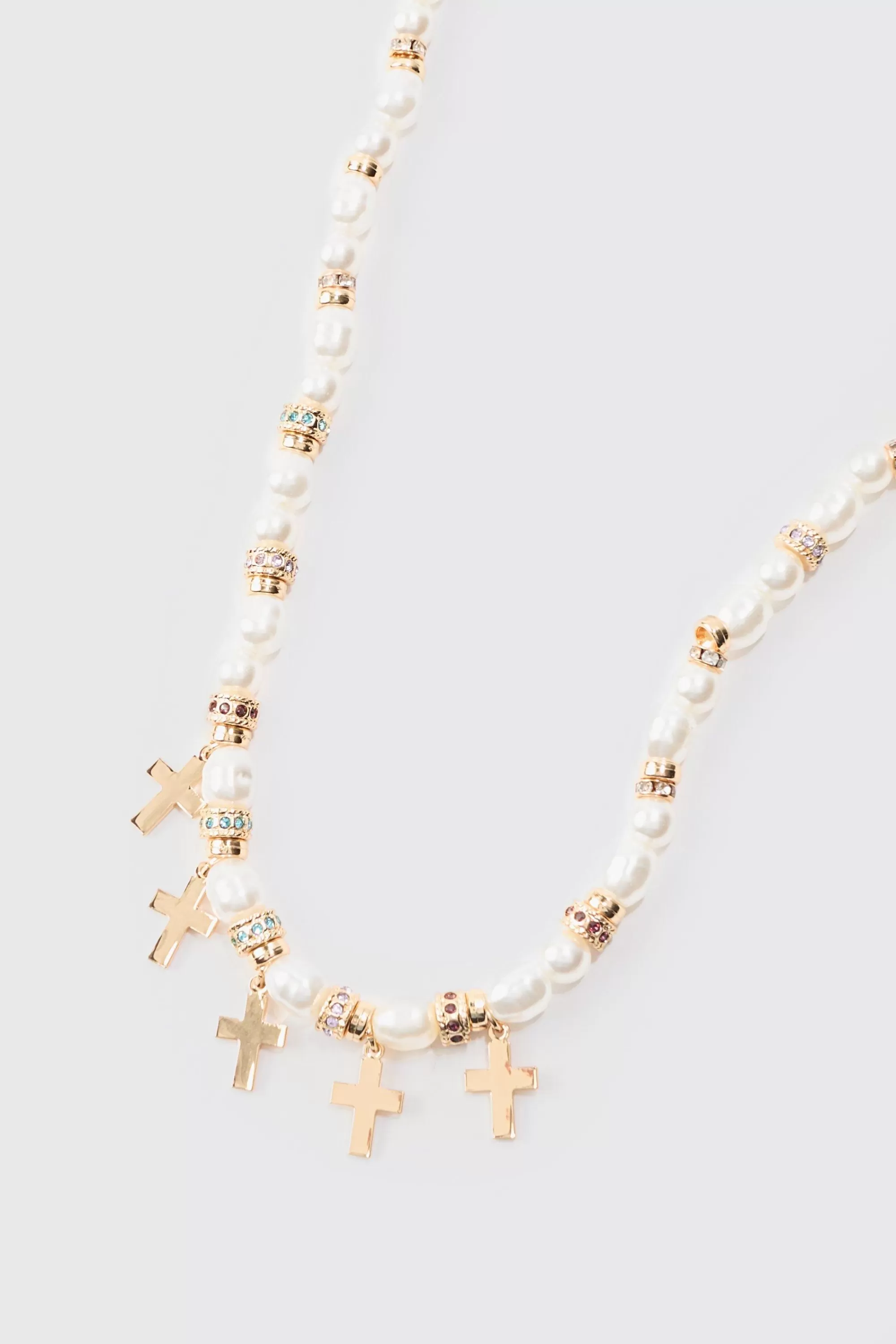 boohooMAN Pearl Bead Necklace With Cross Charms In | UK