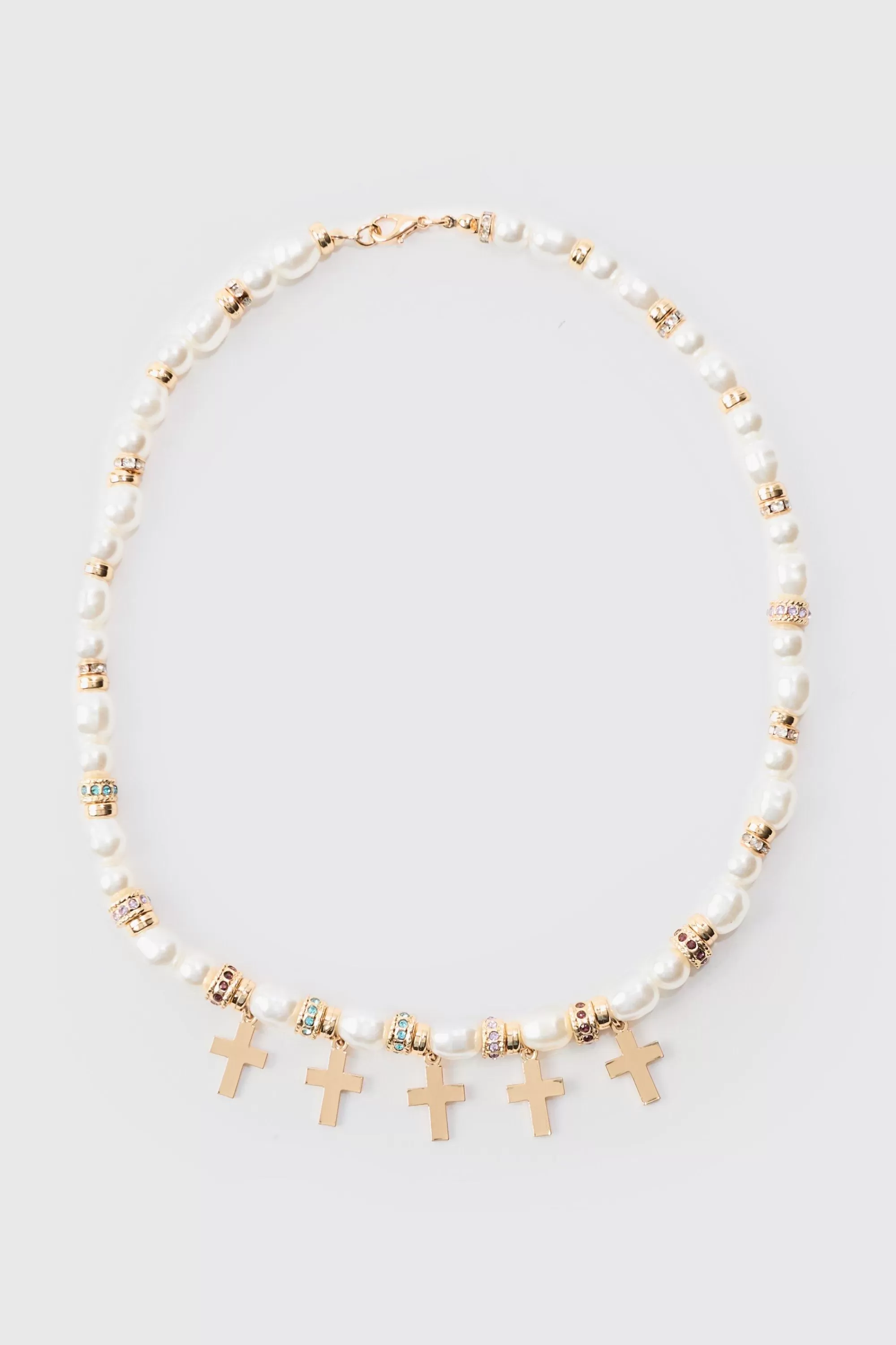 boohooMAN Pearl Bead Necklace With Cross Charms In | UK