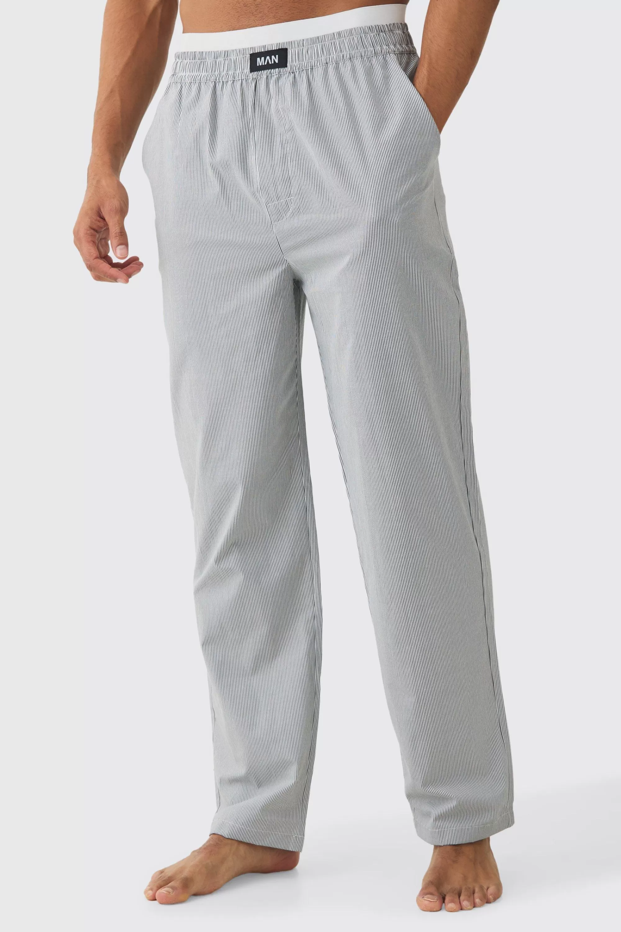 boohooMAN Pinstripe Double Waistband Woven Lounge Bottoms | UK