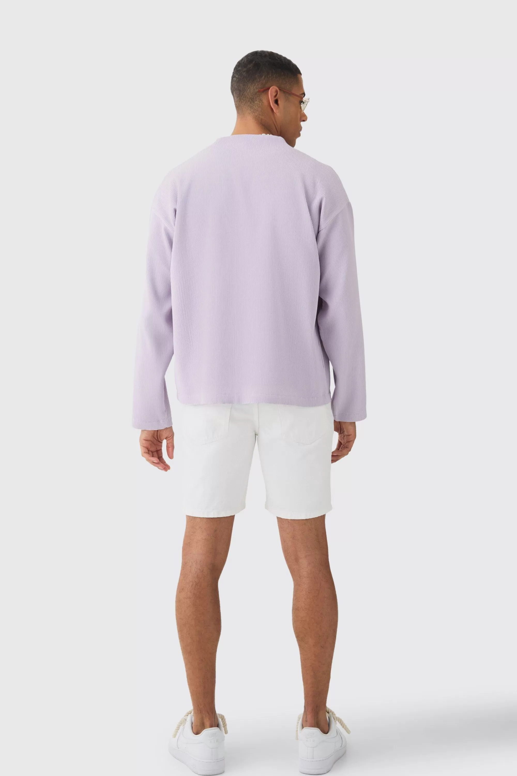 boohooMAN Pleated Longsleeve Collarless Boxy Shirt | UK