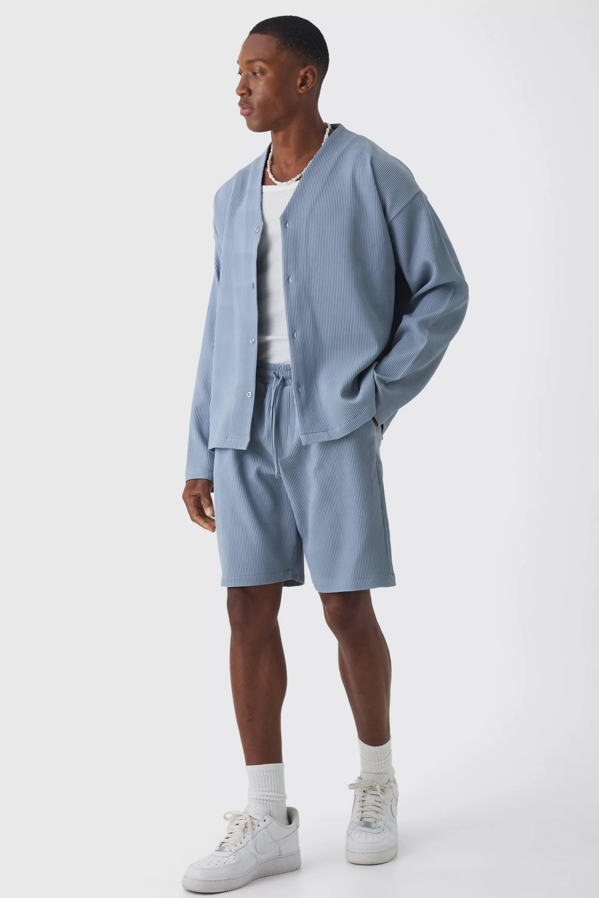boohooMAN Pleated Longsleeve Collarless Boxy Shirt & Short Set | UK