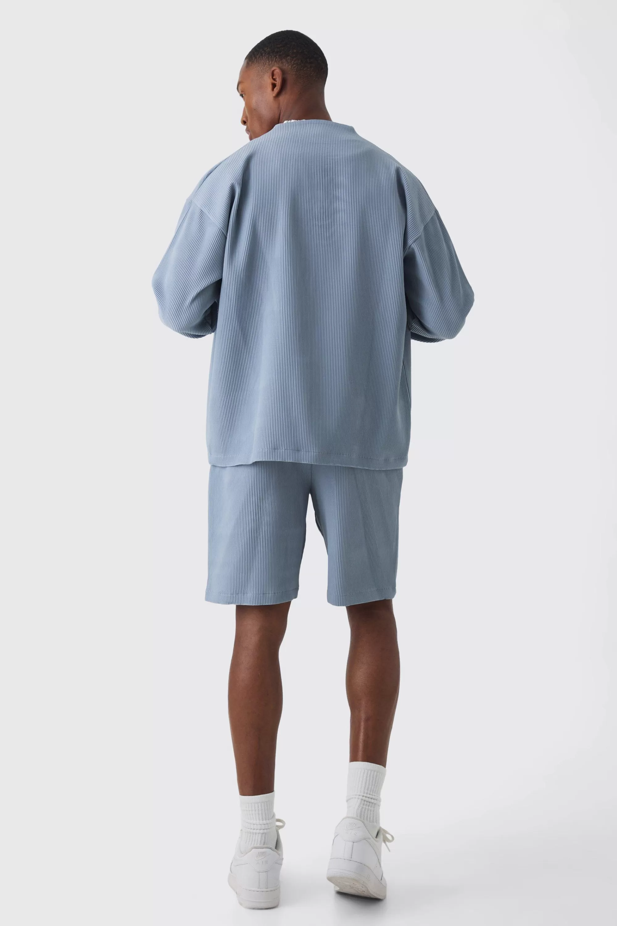 boohooMAN Pleated Longsleeve Collarless Boxy Shirt & Short Set | UK