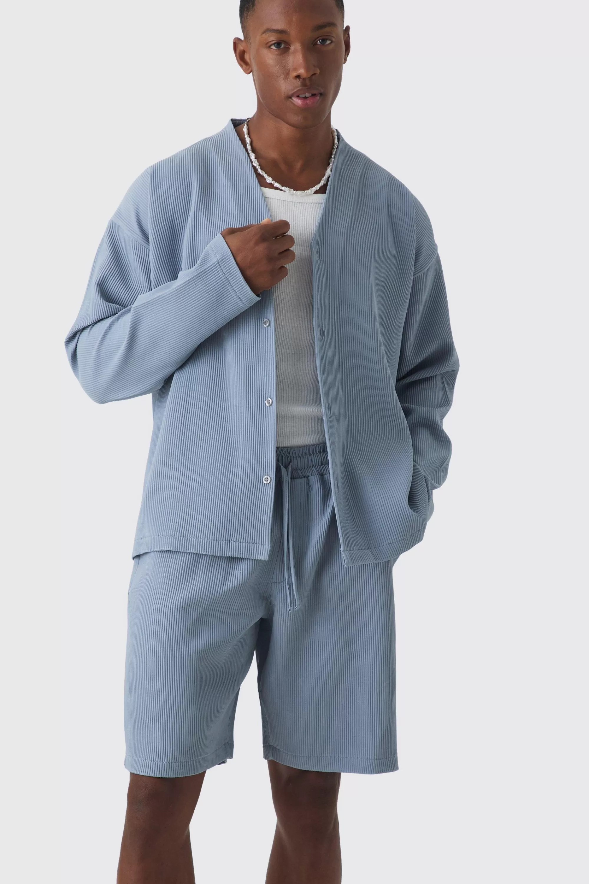 boohooMAN Pleated Longsleeve Collarless Boxy Shirt & Short Set | UK