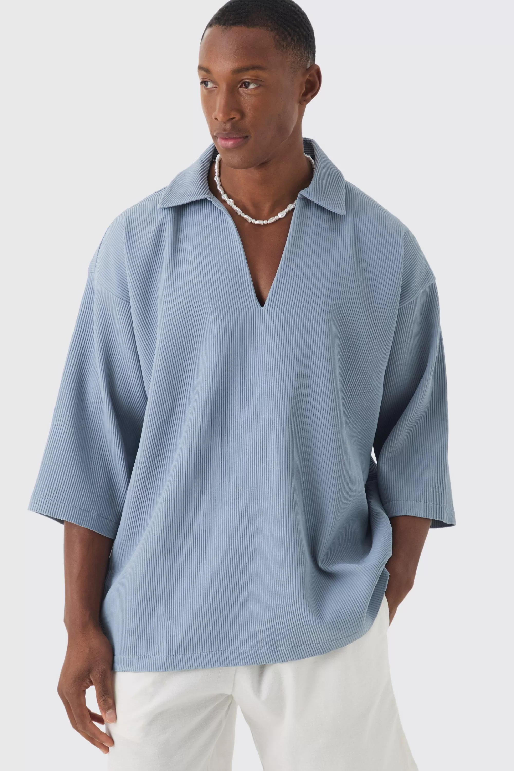 boohooMAN Pleated Oversized Boxy V Neck Shirt | UK