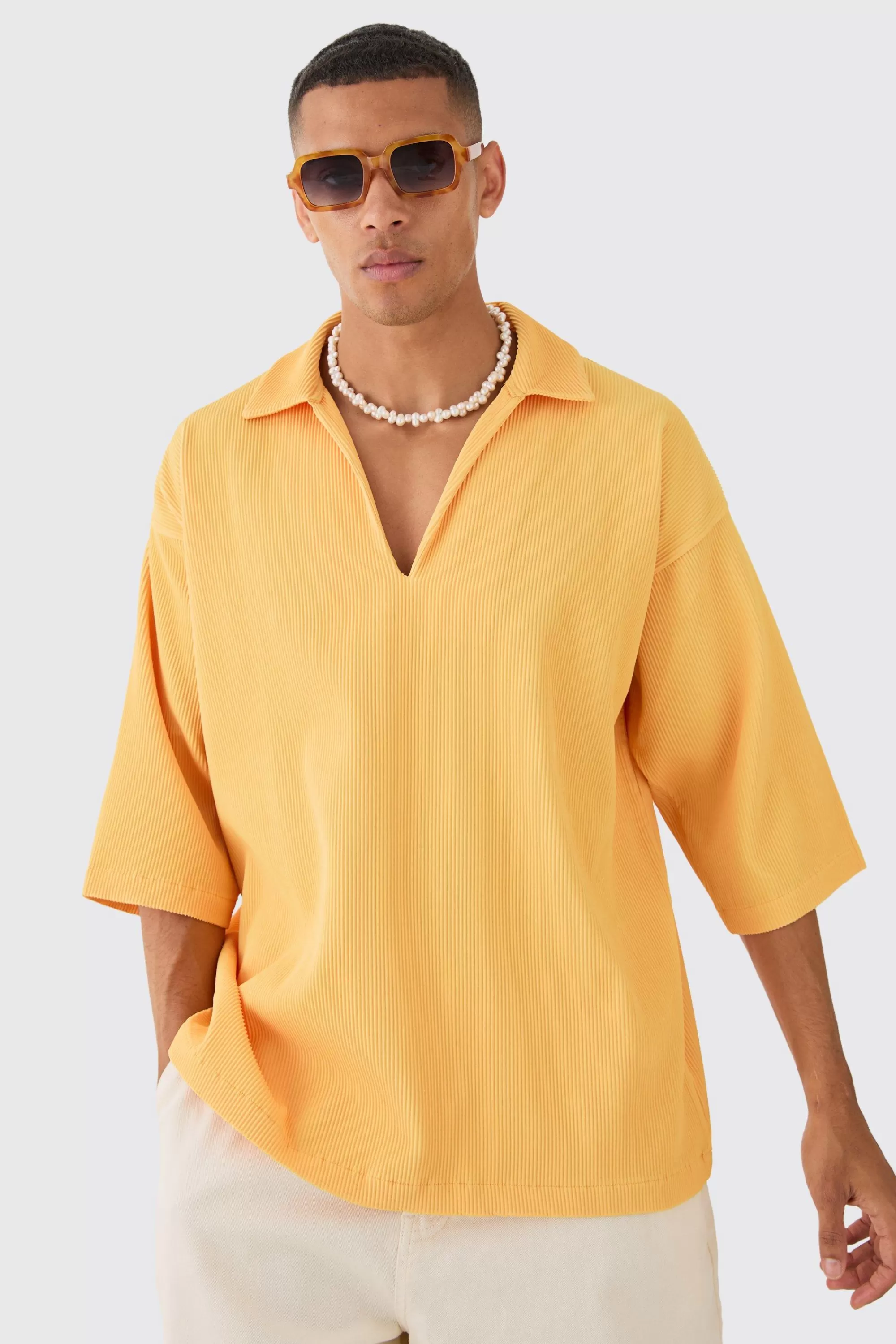 boohooMAN Pleated Oversized Boxy V Neck Shirt | UK