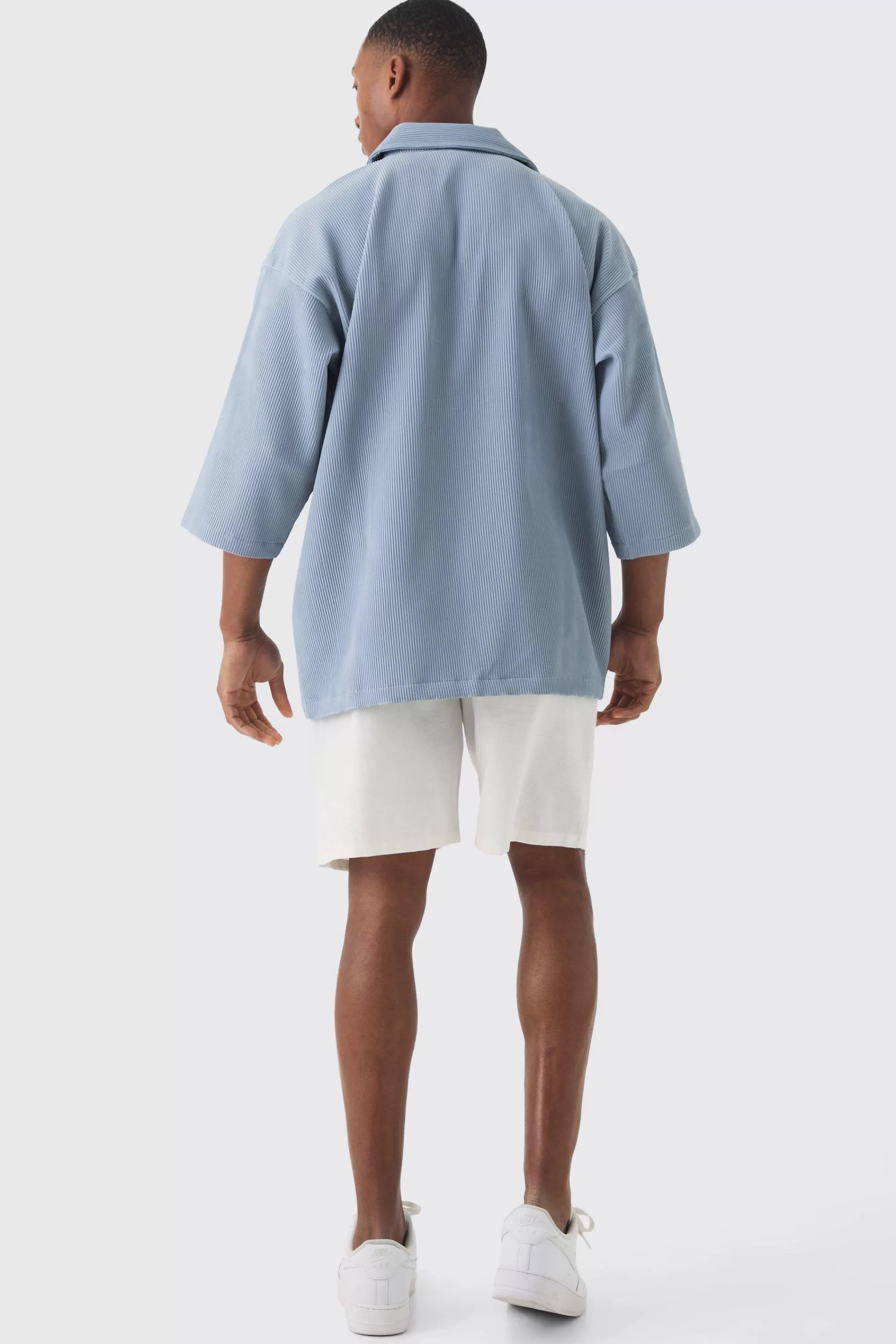 boohooMAN Pleated Oversized Boxy V Neck Shirt | UK