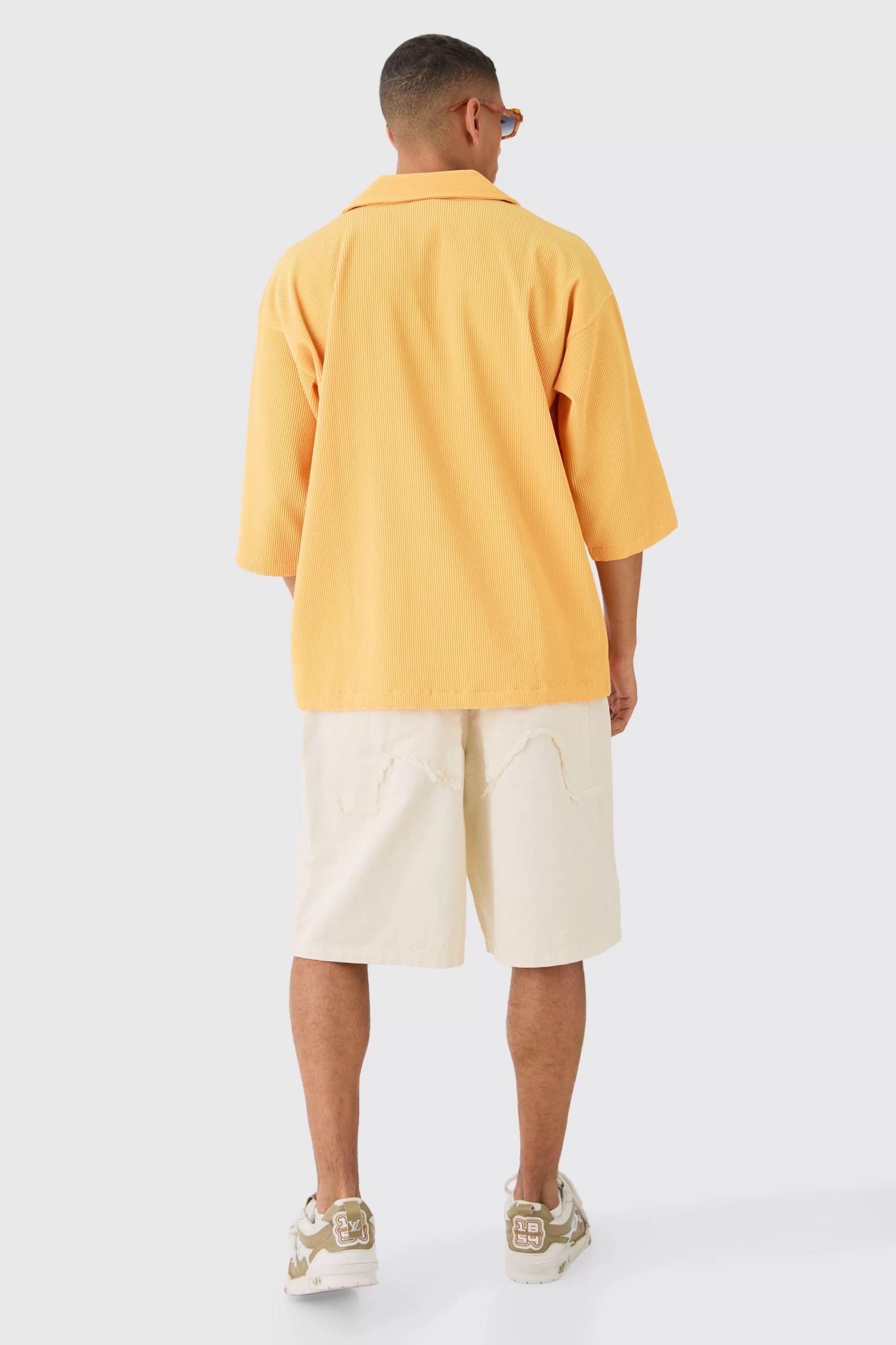 boohooMAN Pleated Oversized Boxy V Neck Shirt | UK