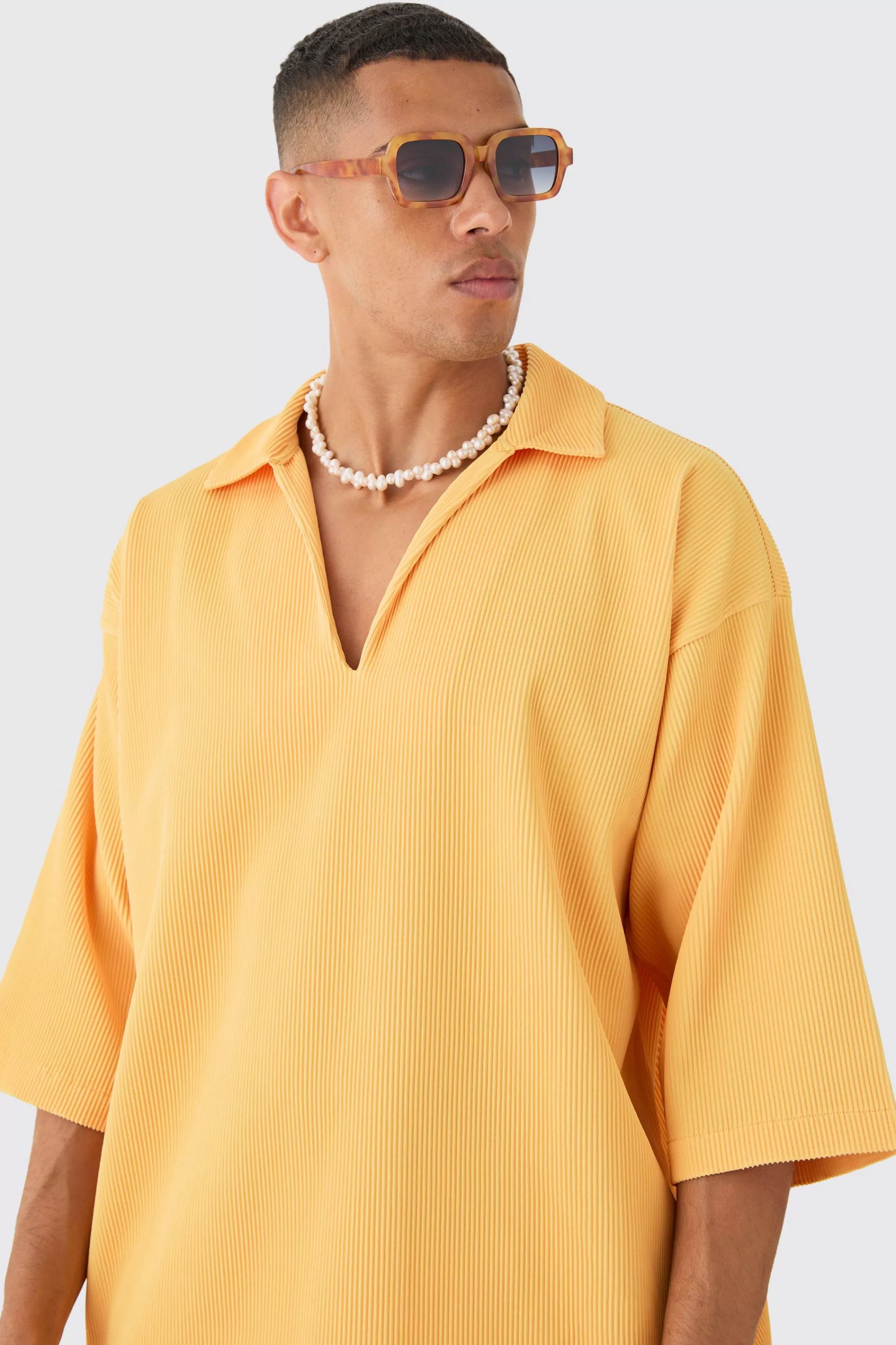 boohooMAN Pleated Oversized Boxy V Neck Shirt | UK