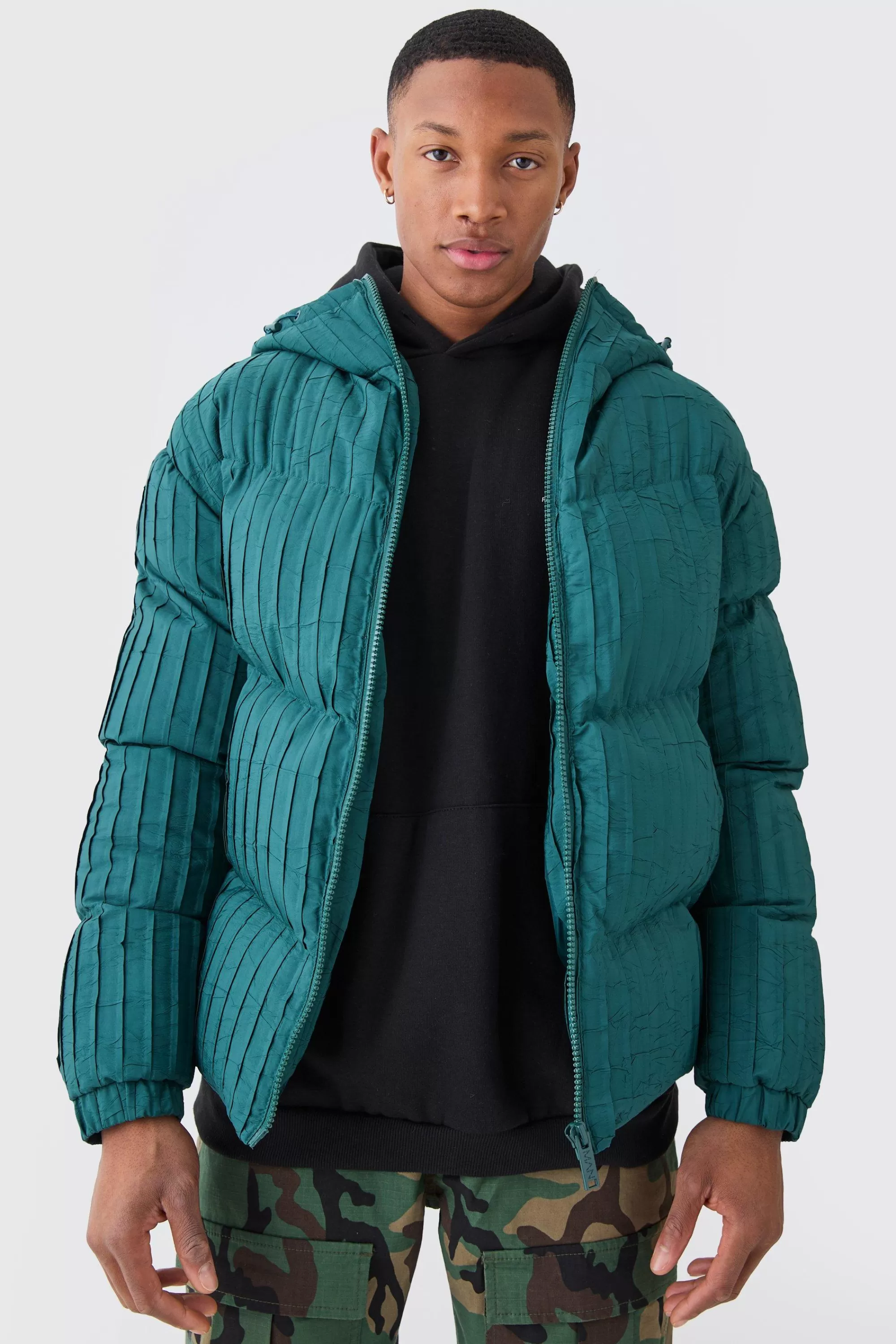boohooMAN Pleated Puffer With Hood | UK
