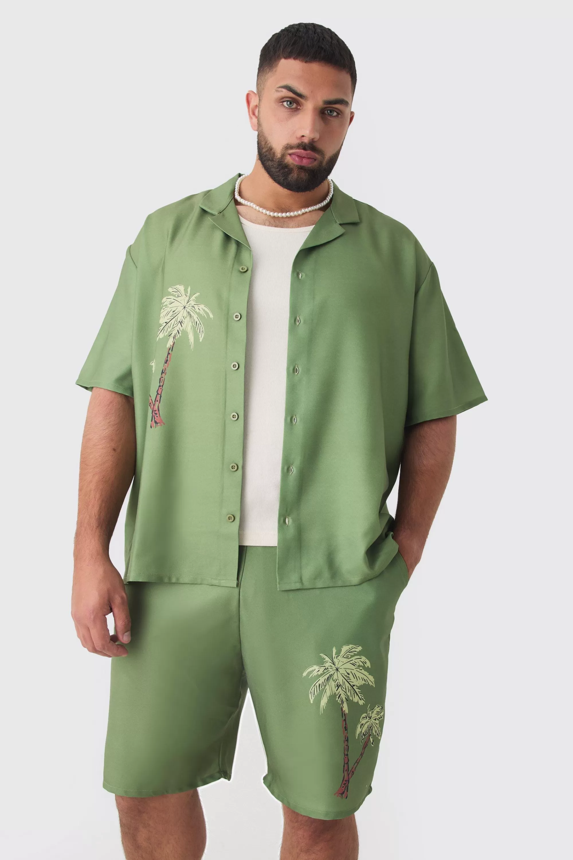 boohooMAN Plus Back Print Linen Look Shirt & Short Set | UK