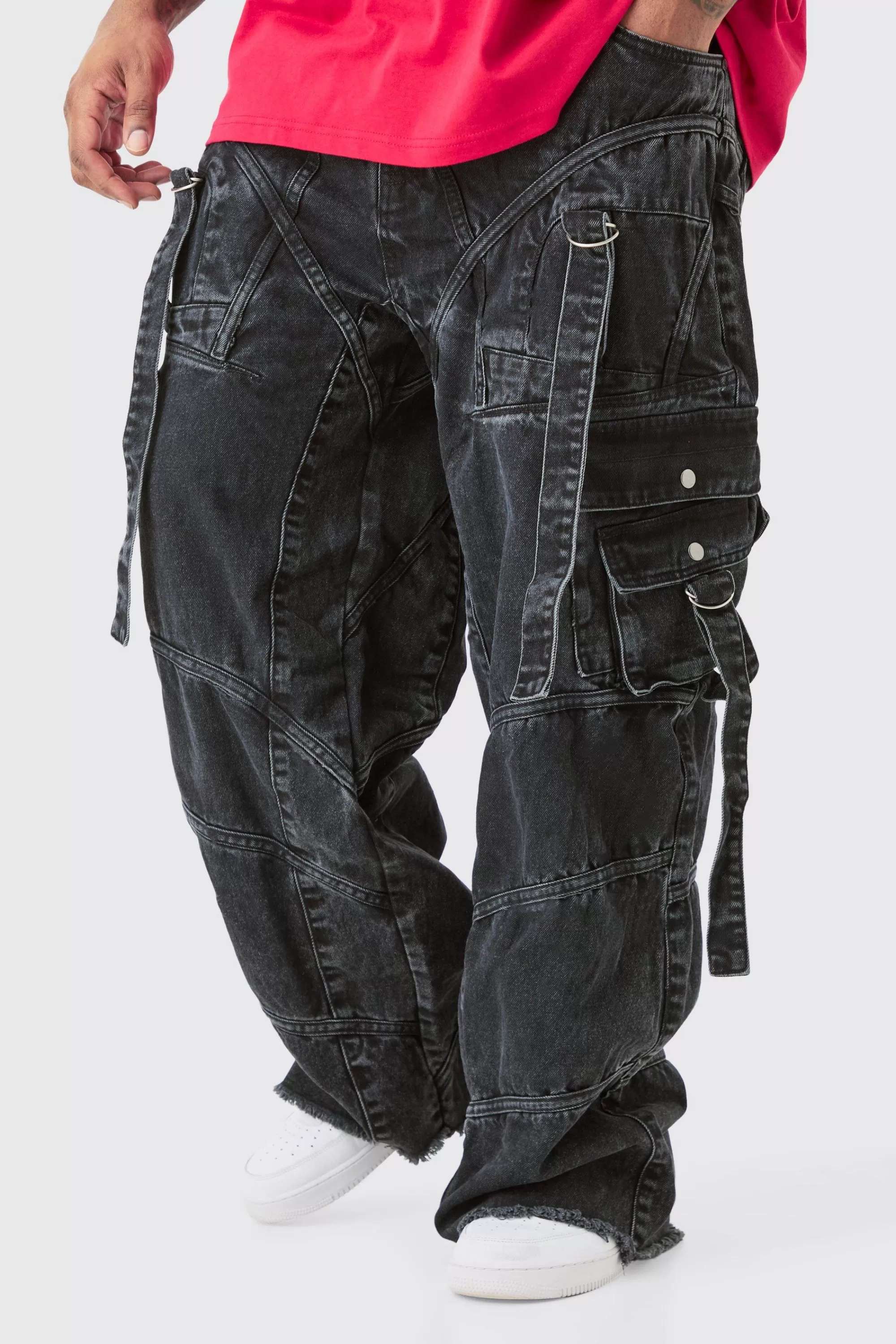 boohooMAN Plus Baggy Rigid Strap And Buckle Detail Jeans | UK