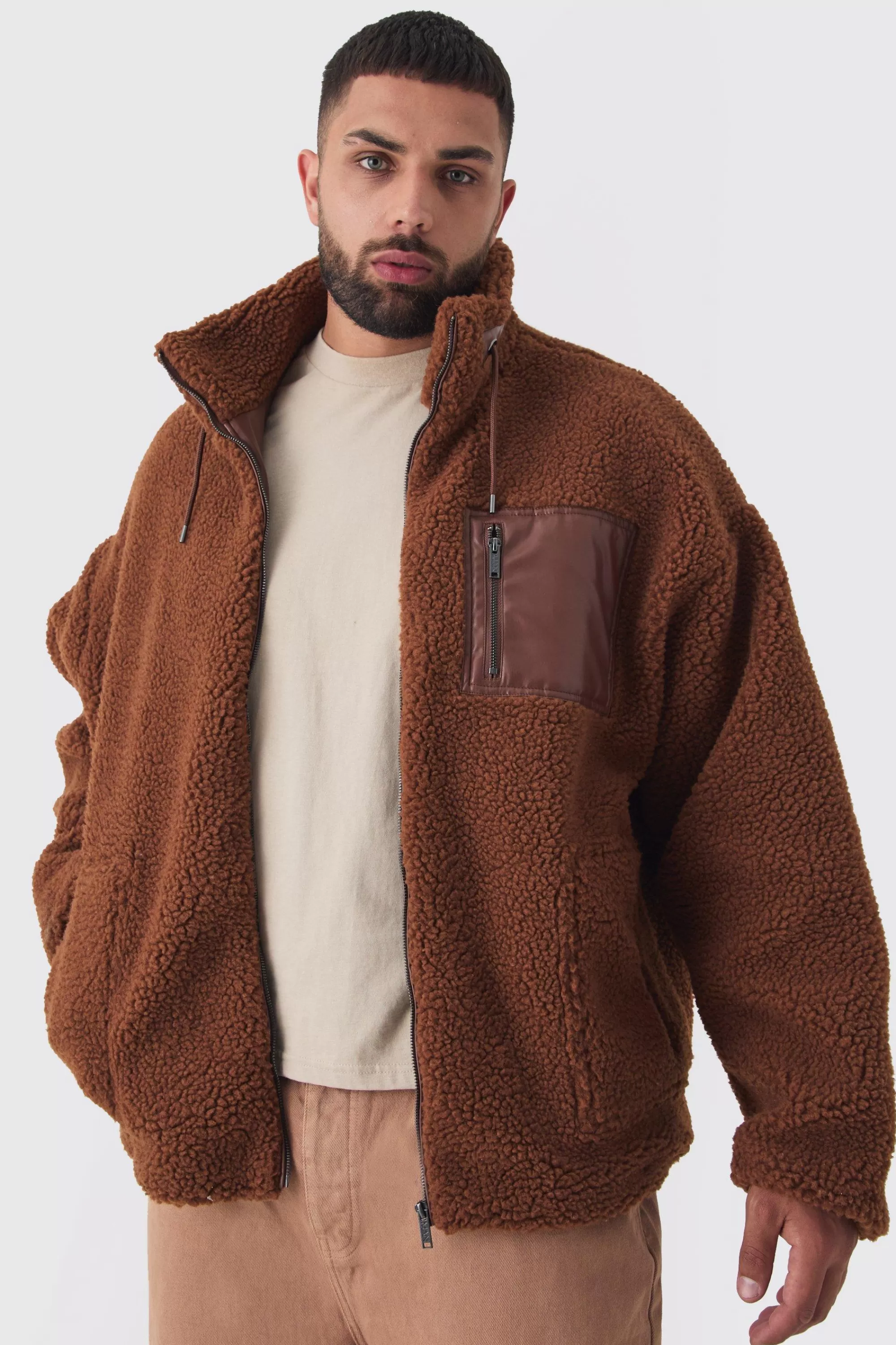 boohooMAN Plus Borg Funnel Neck Jacket With PU Pocket In | UK