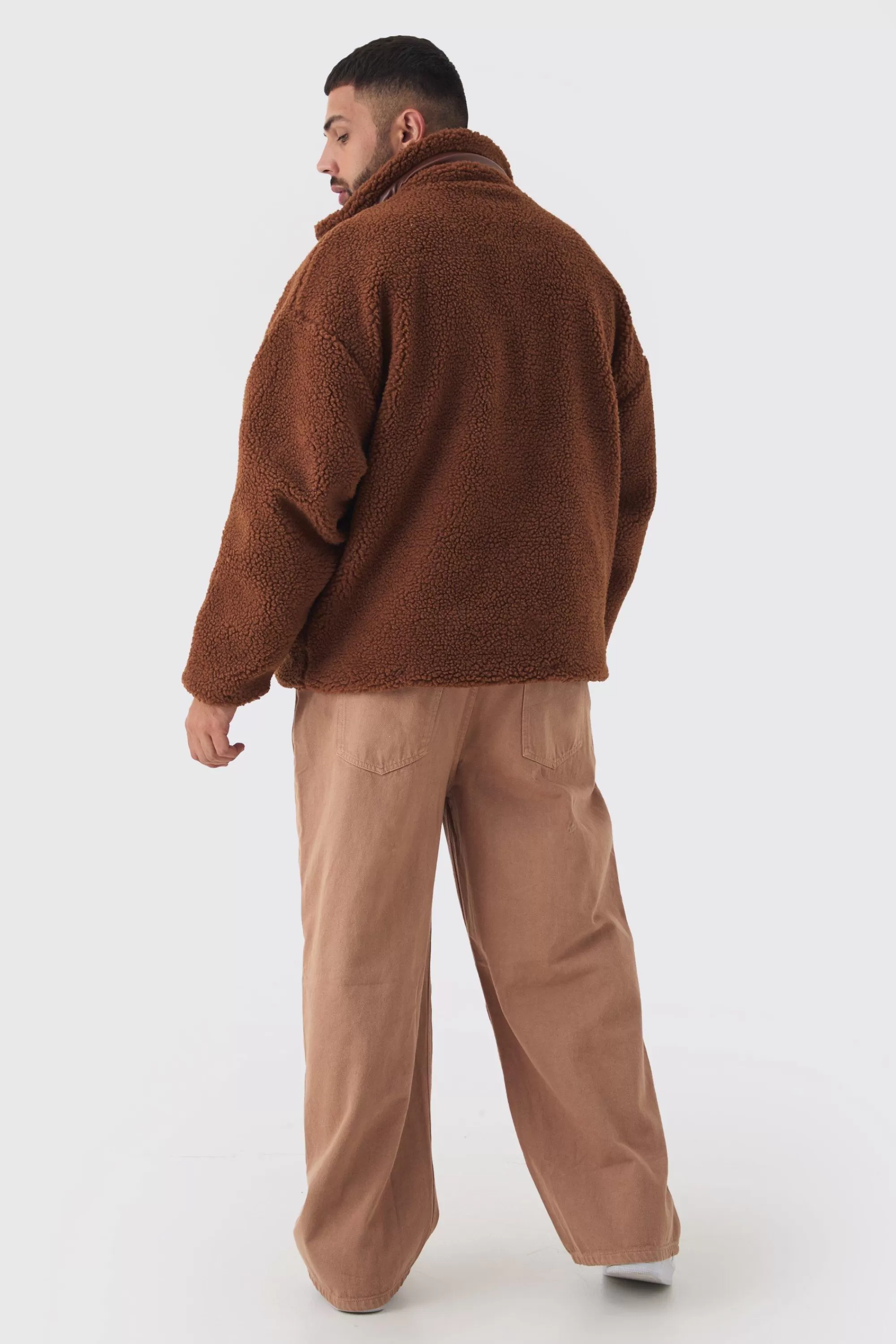 boohooMAN Plus Borg Funnel Neck Jacket With PU Pocket In | UK