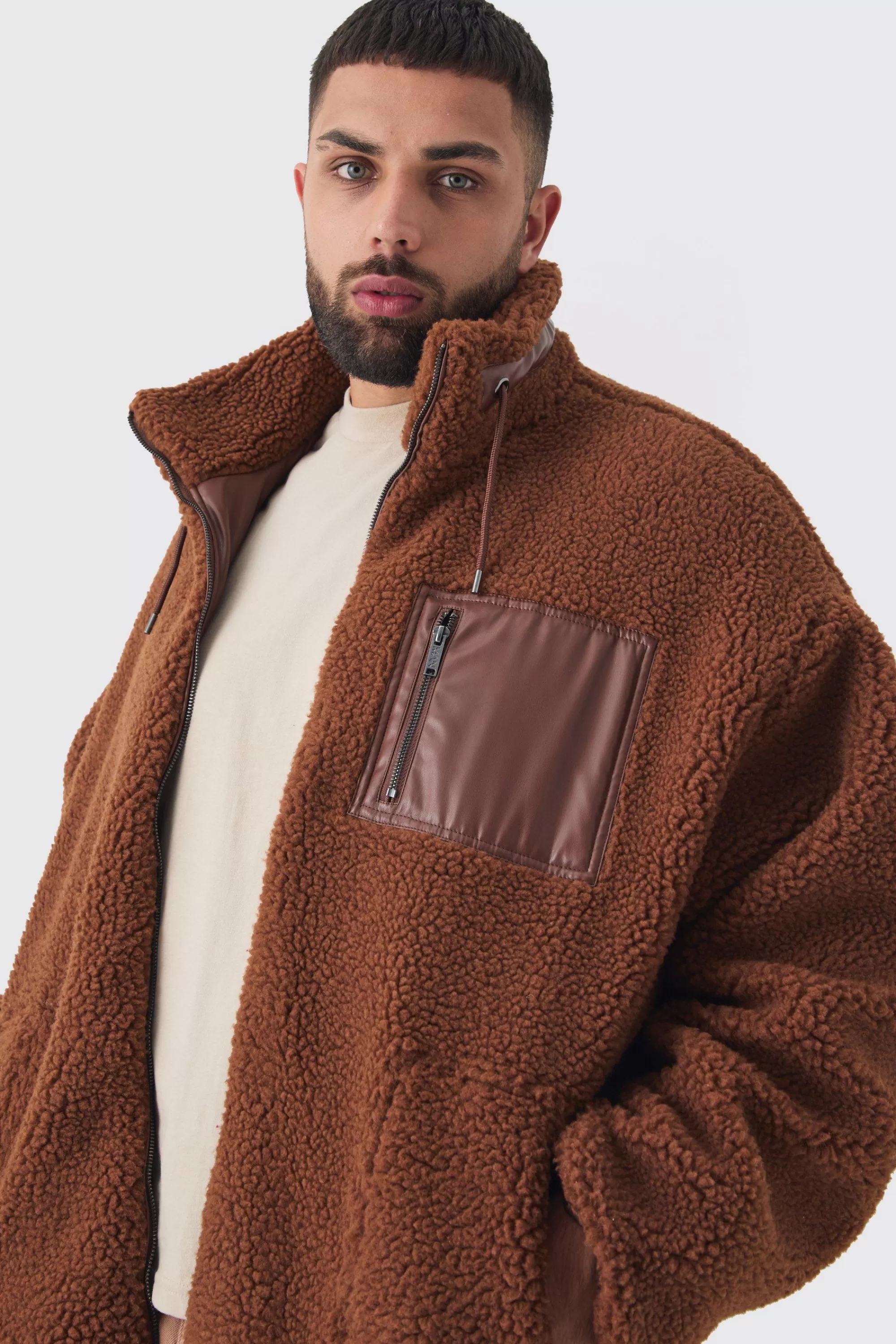 boohooMAN Plus Borg Funnel Neck Jacket With PU Pocket In | UK