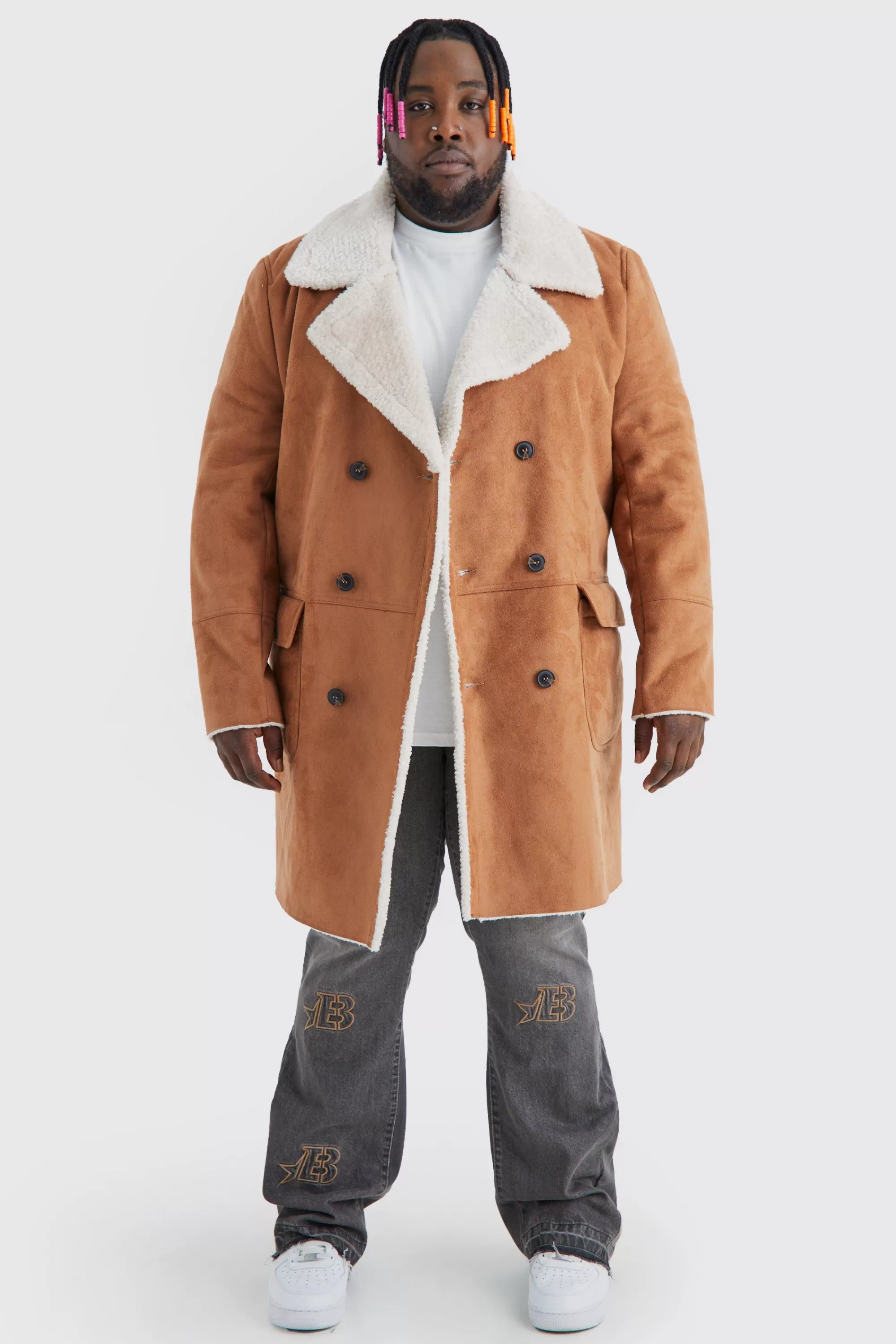 boohooMAN Plus Borg Lined Double Breasted Overcoat In | UK