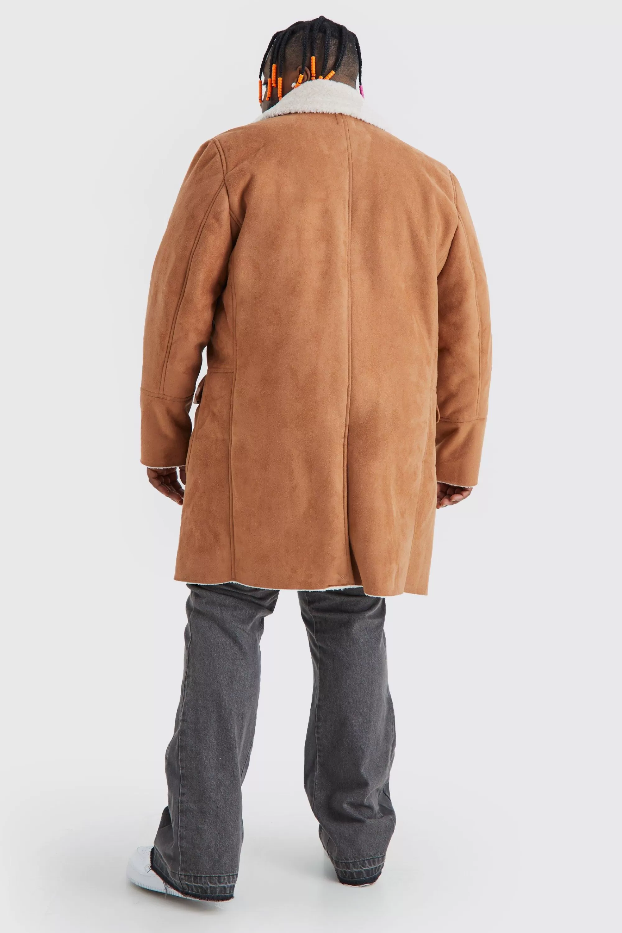 boohooMAN Plus Borg Lined Double Breasted Overcoat In | UK