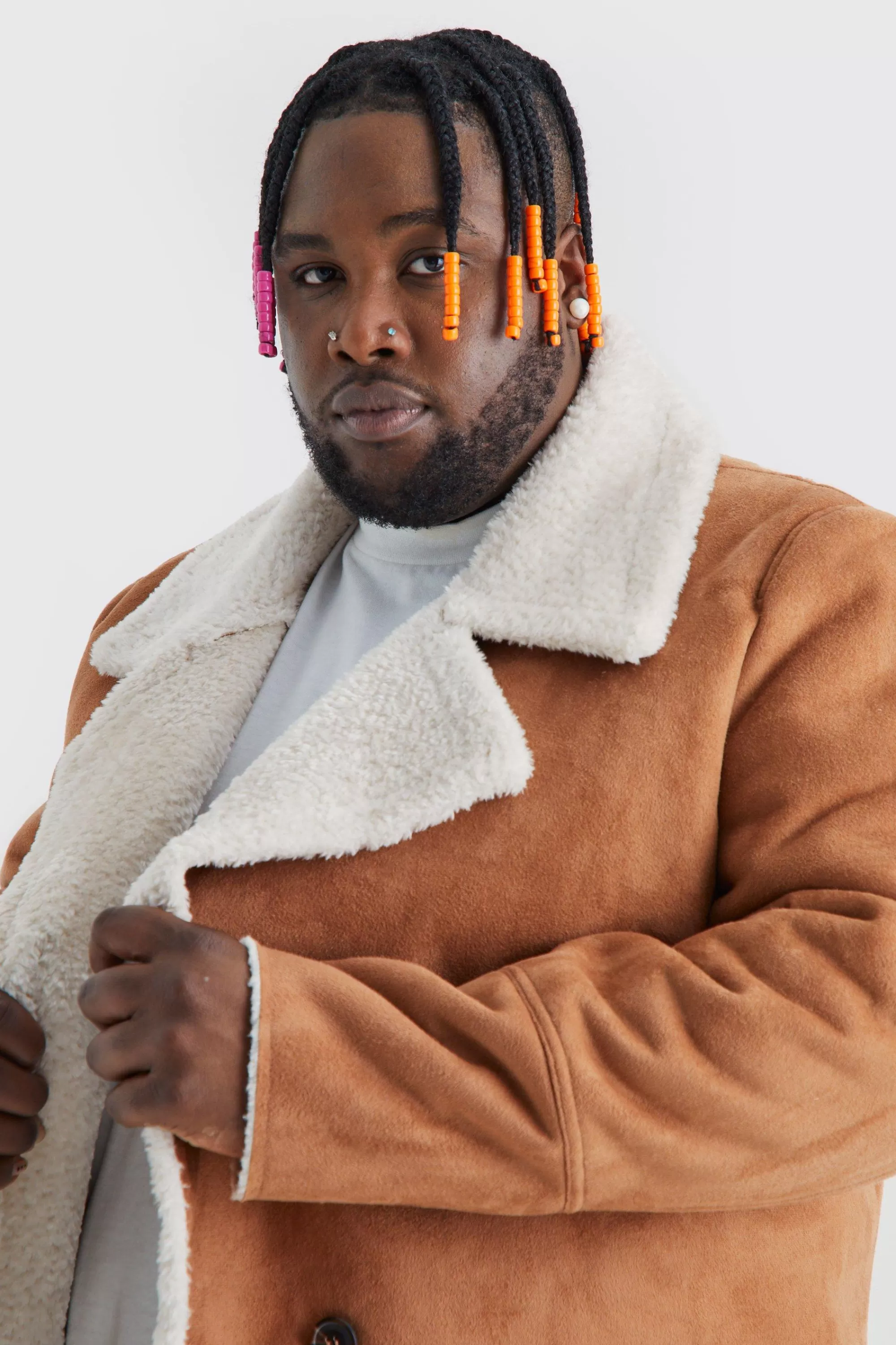 boohooMAN Plus Borg Lined Double Breasted Overcoat In | UK