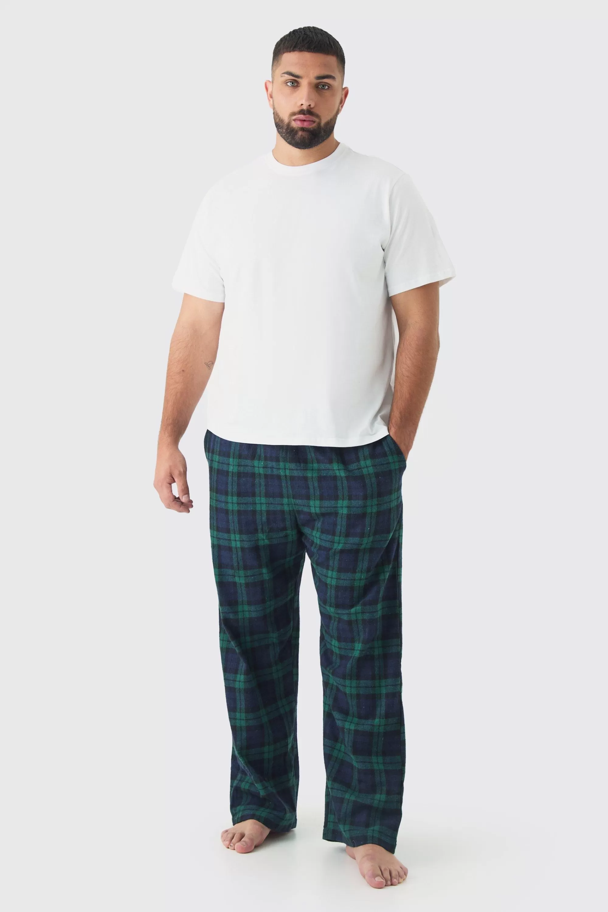 boohooMAN Plus Brushed Check Loungewear Bottom And T-shirt Set In | UK