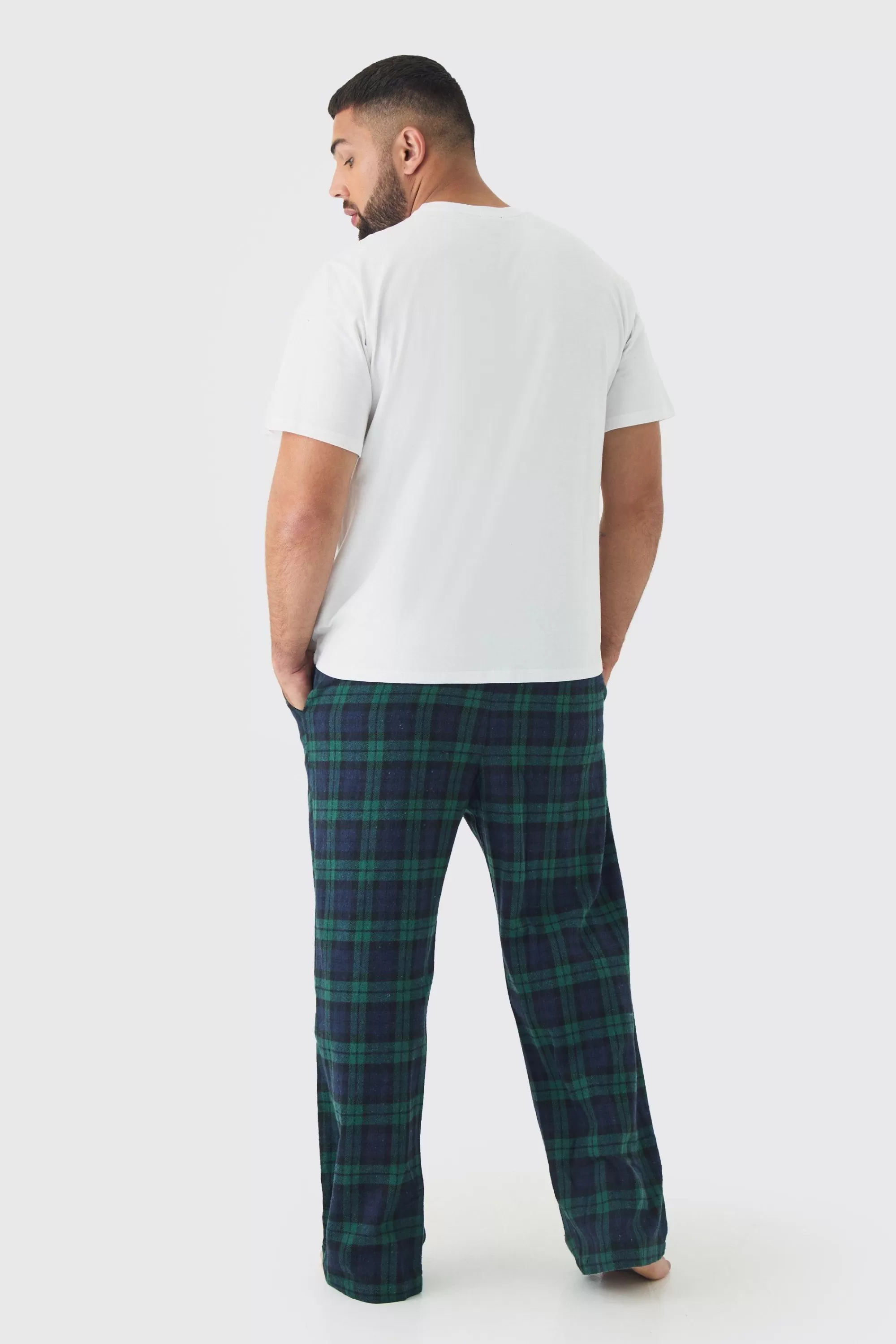 boohooMAN Plus Brushed Check Loungewear Bottom And T-shirt Set In | UK