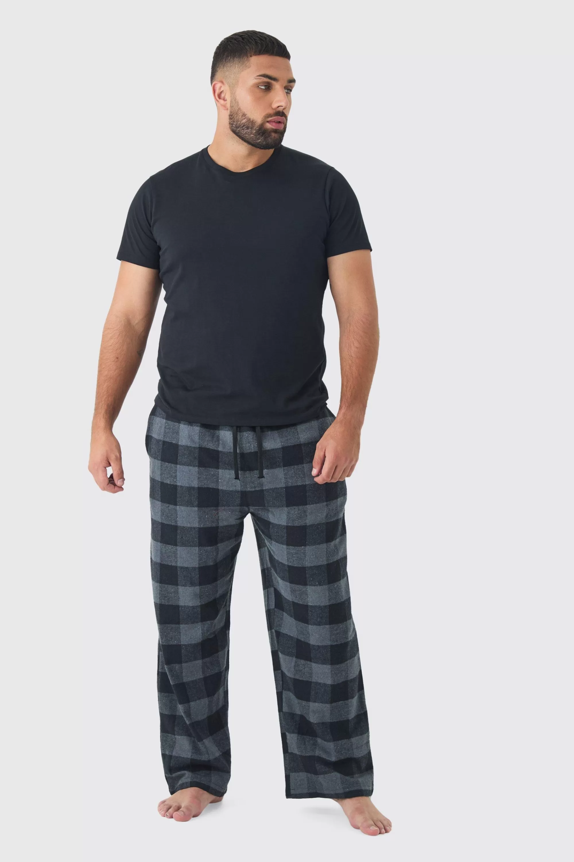 boohooMAN Plus Brushed Check Loungewear Bottom And T-shirt Set In | UK