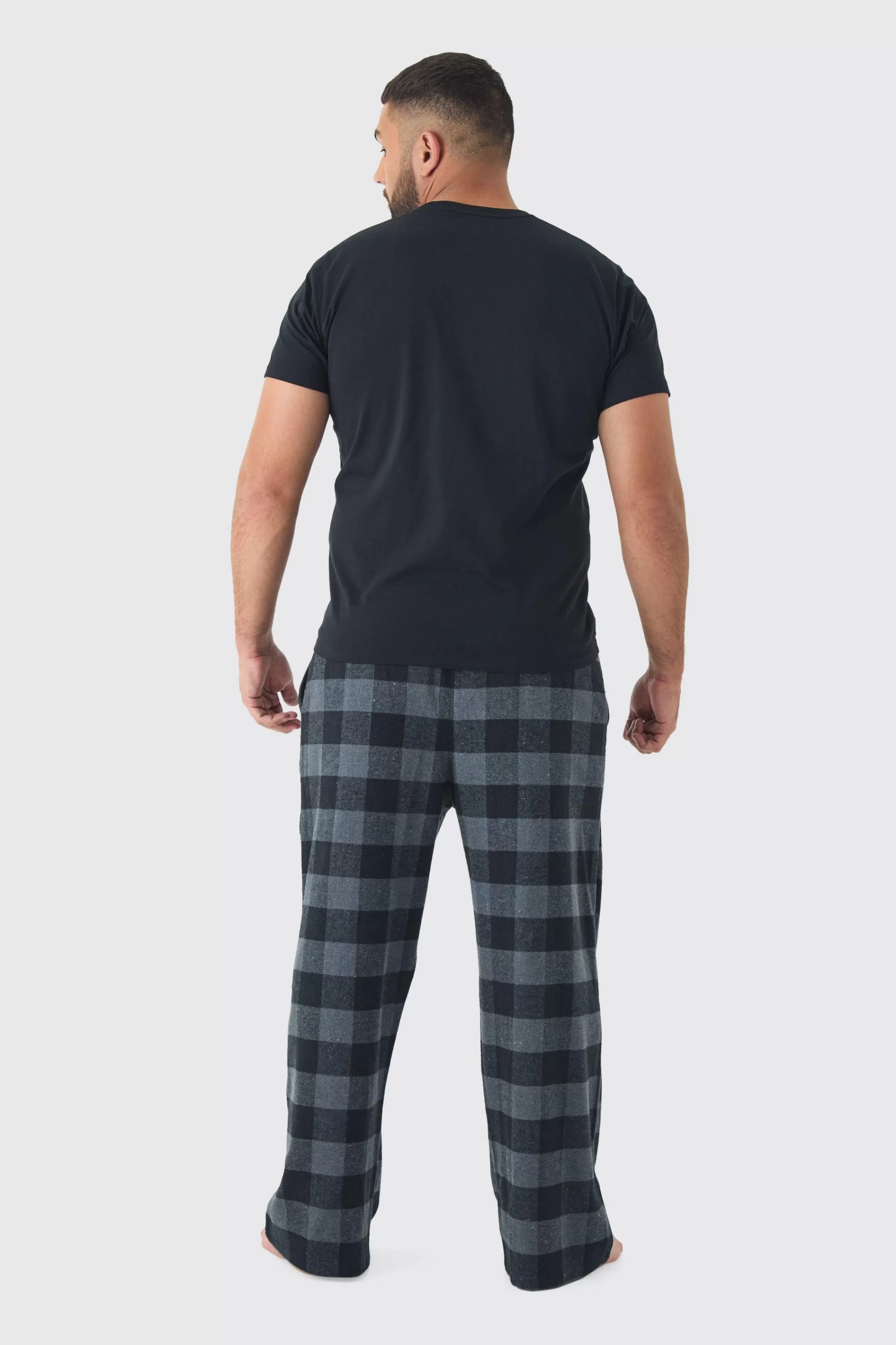 boohooMAN Plus Brushed Check Loungewear Bottom And T-shirt Set In | UK