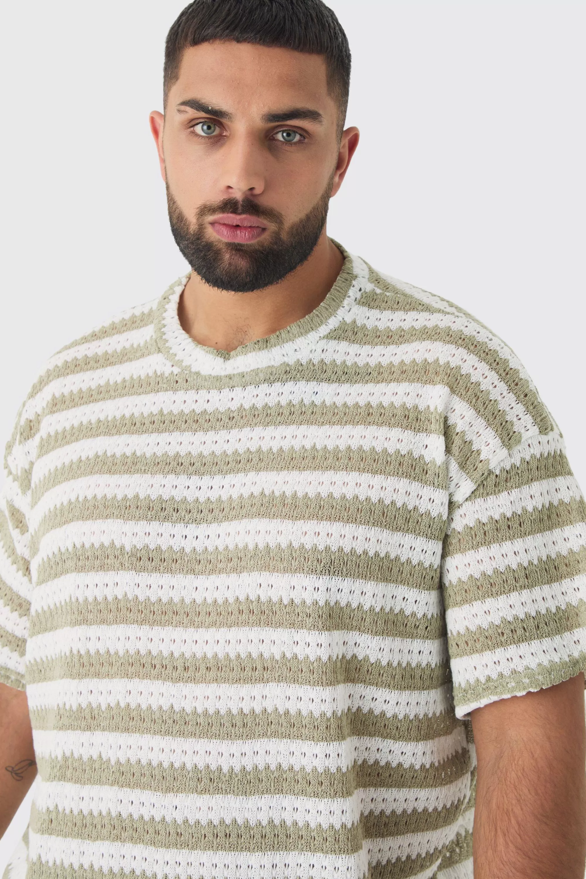 boohooMAN Plus Crochet Striped T-shirt And Short Set | UK