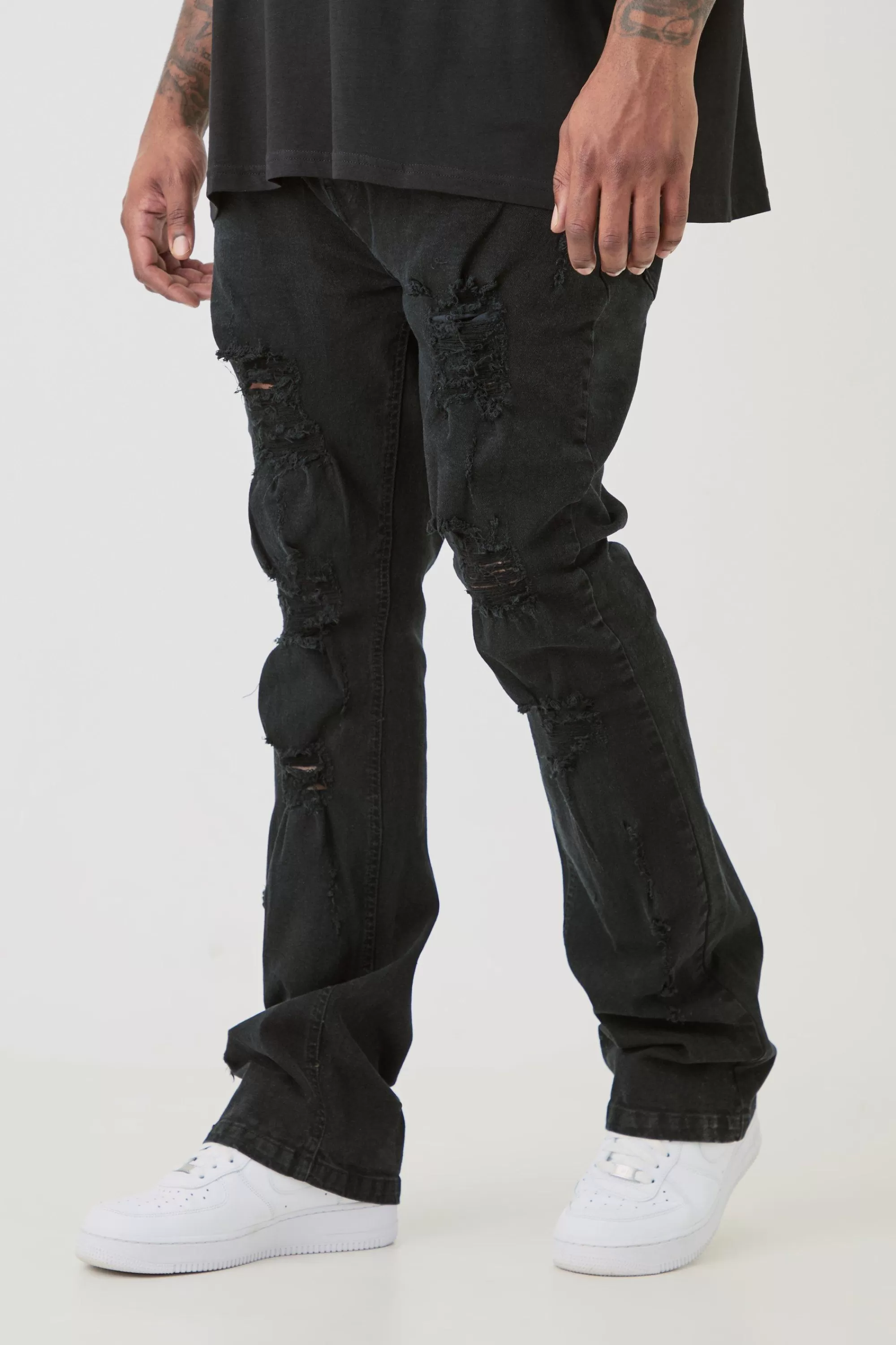 boohooMAN Plus Distressed Stretch Skinny Flared Jeans | UK