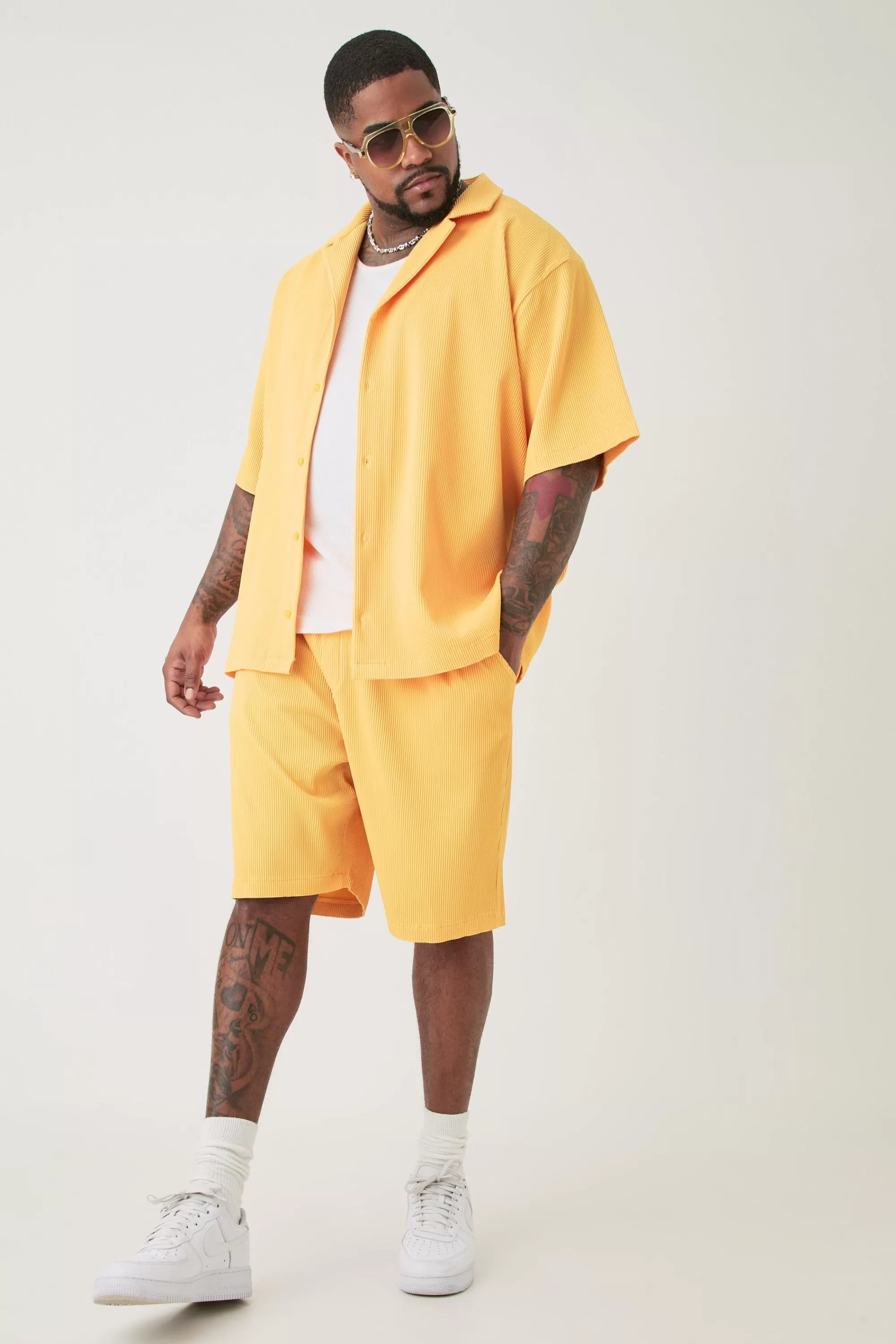 boohooMAN Plus Drop Revere Pleated Shirt & Short Set In | UK