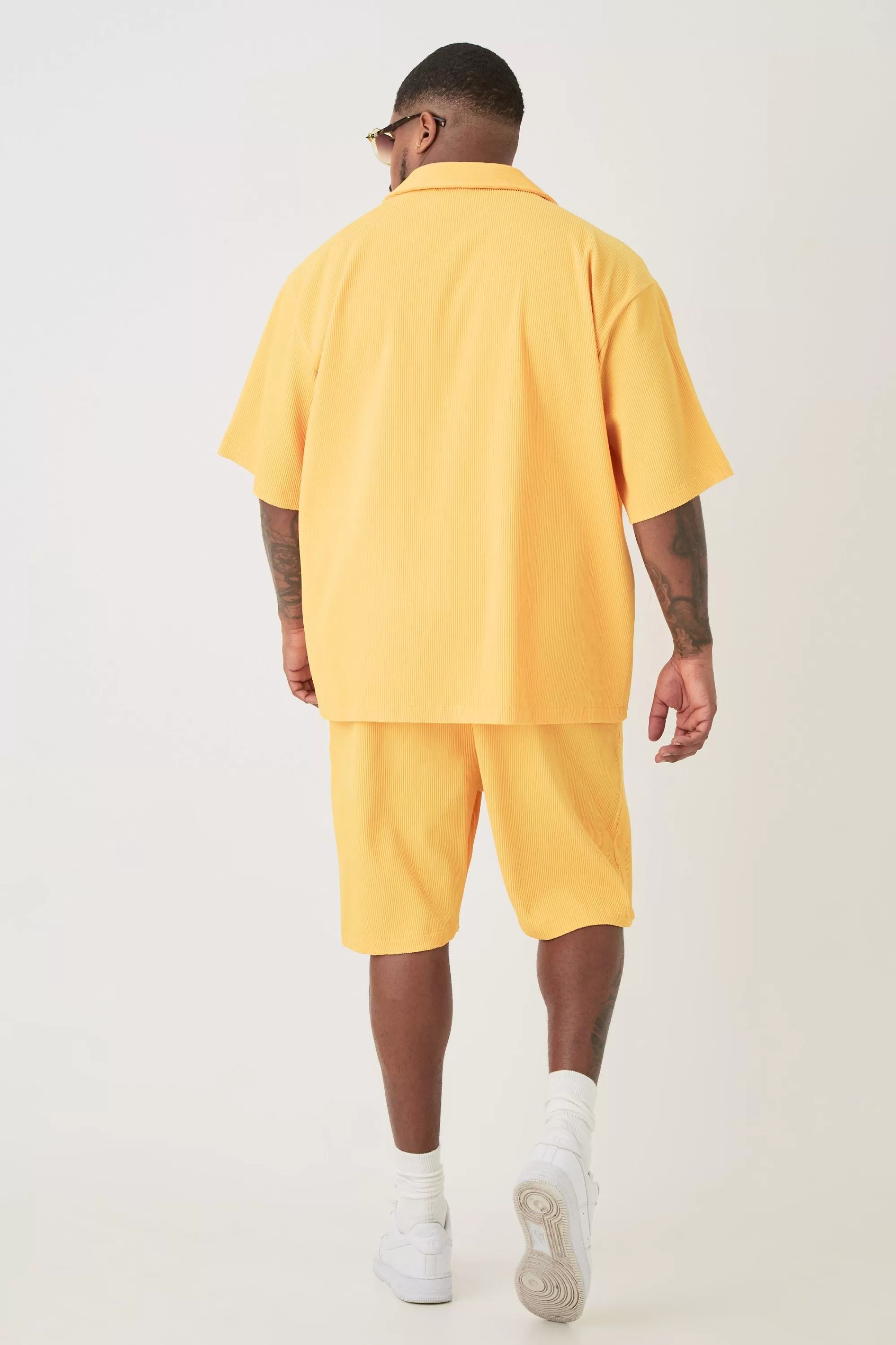 boohooMAN Plus Drop Revere Pleated Shirt & Short Set In | UK