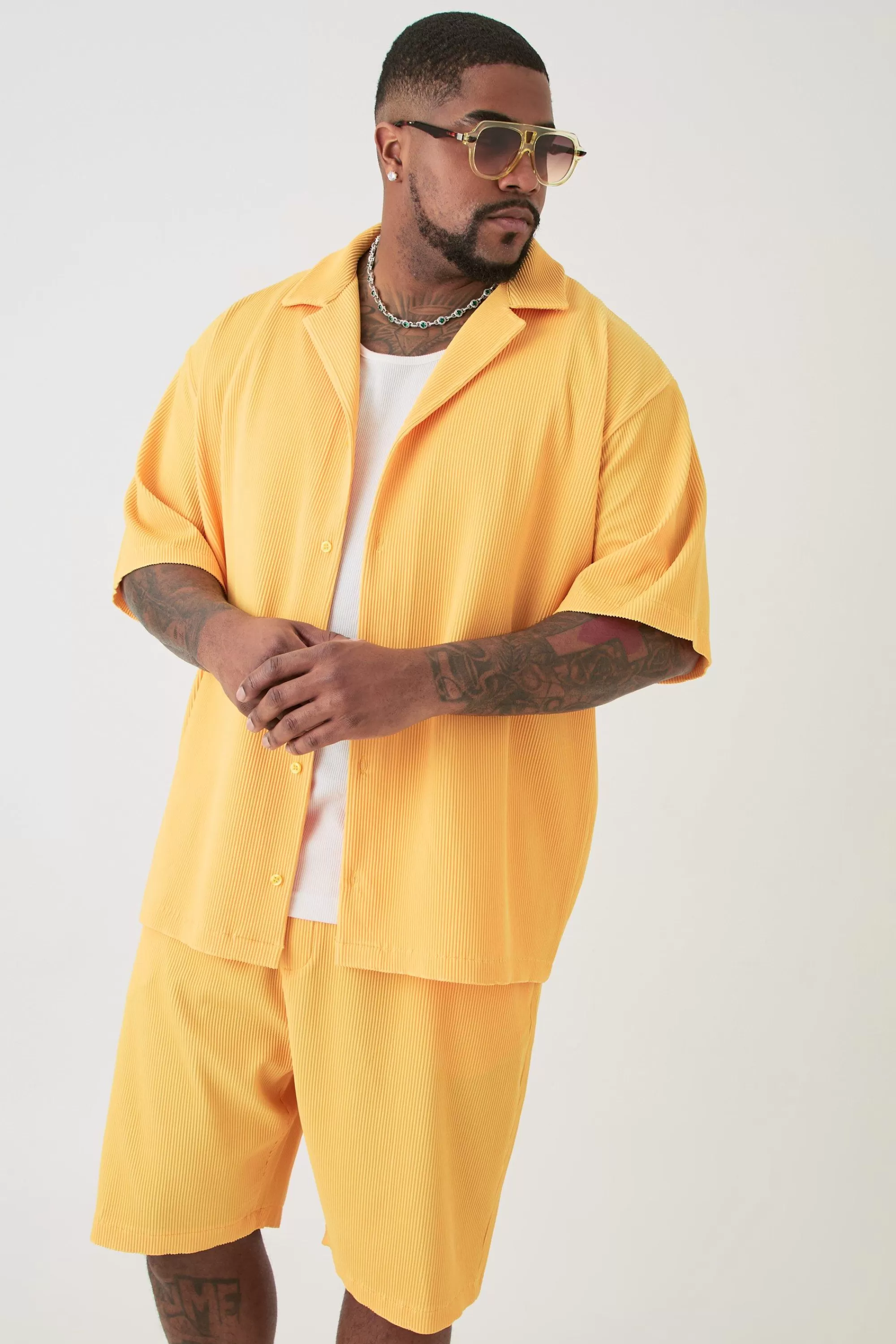 boohooMAN Plus Drop Revere Pleated Shirt & Short Set In | UK